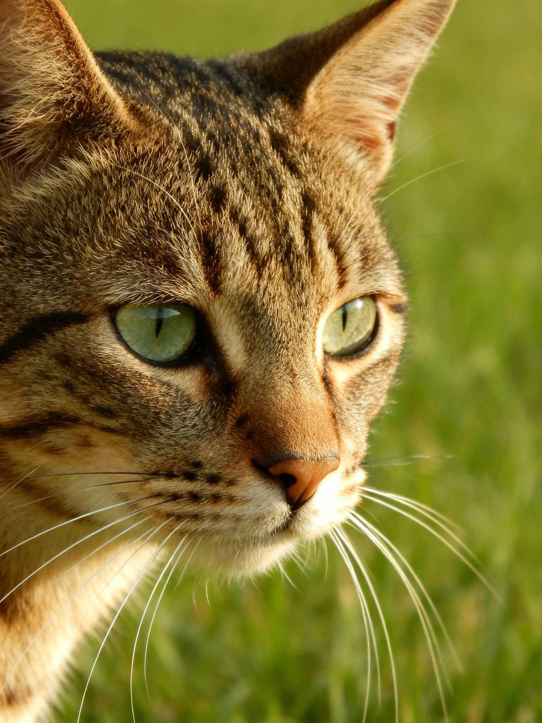 Tabby cat with green eyes is photographed up close near grass