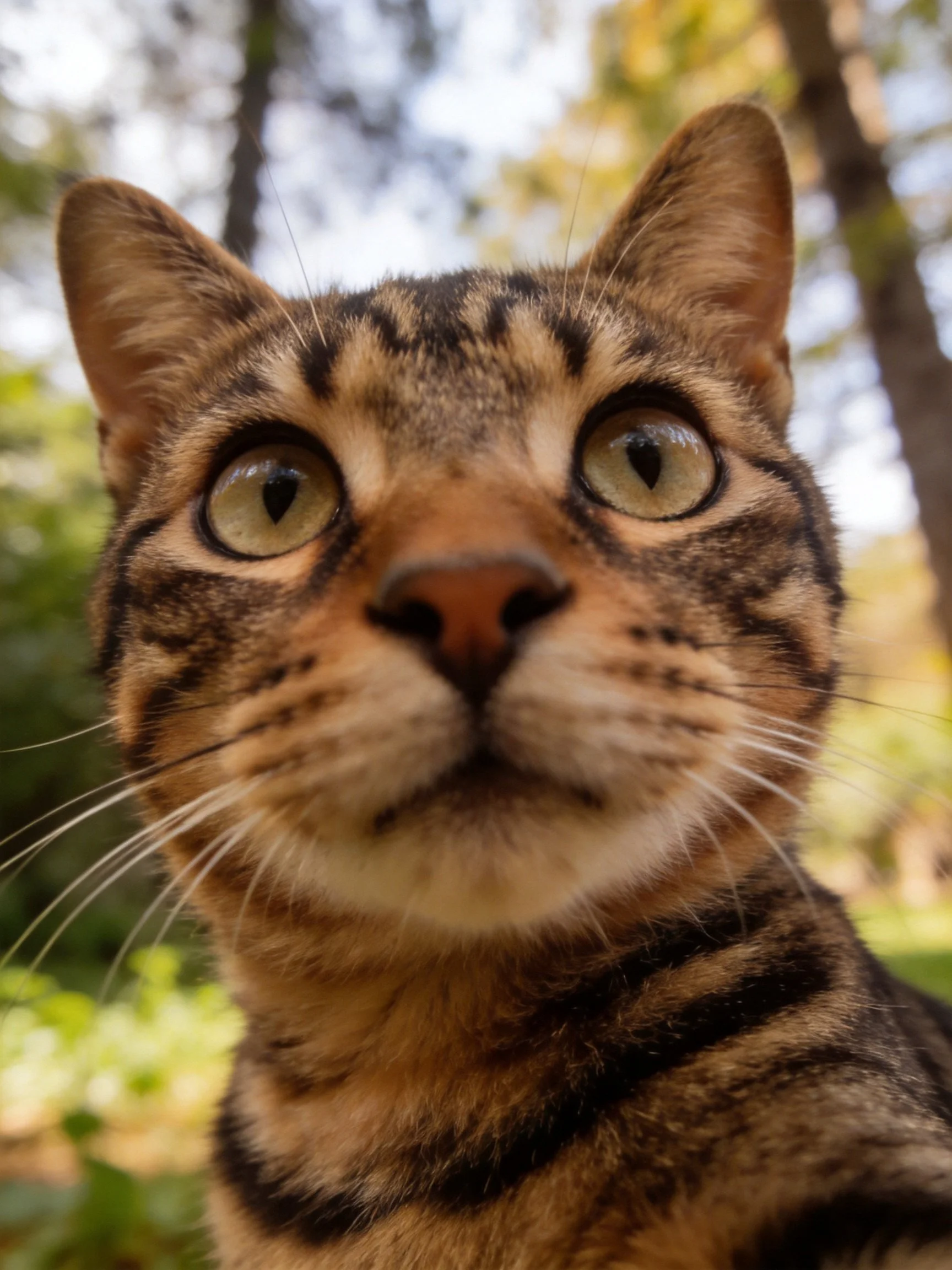 A tabby cat with wide green eyes is shown up close in an outdoor area.