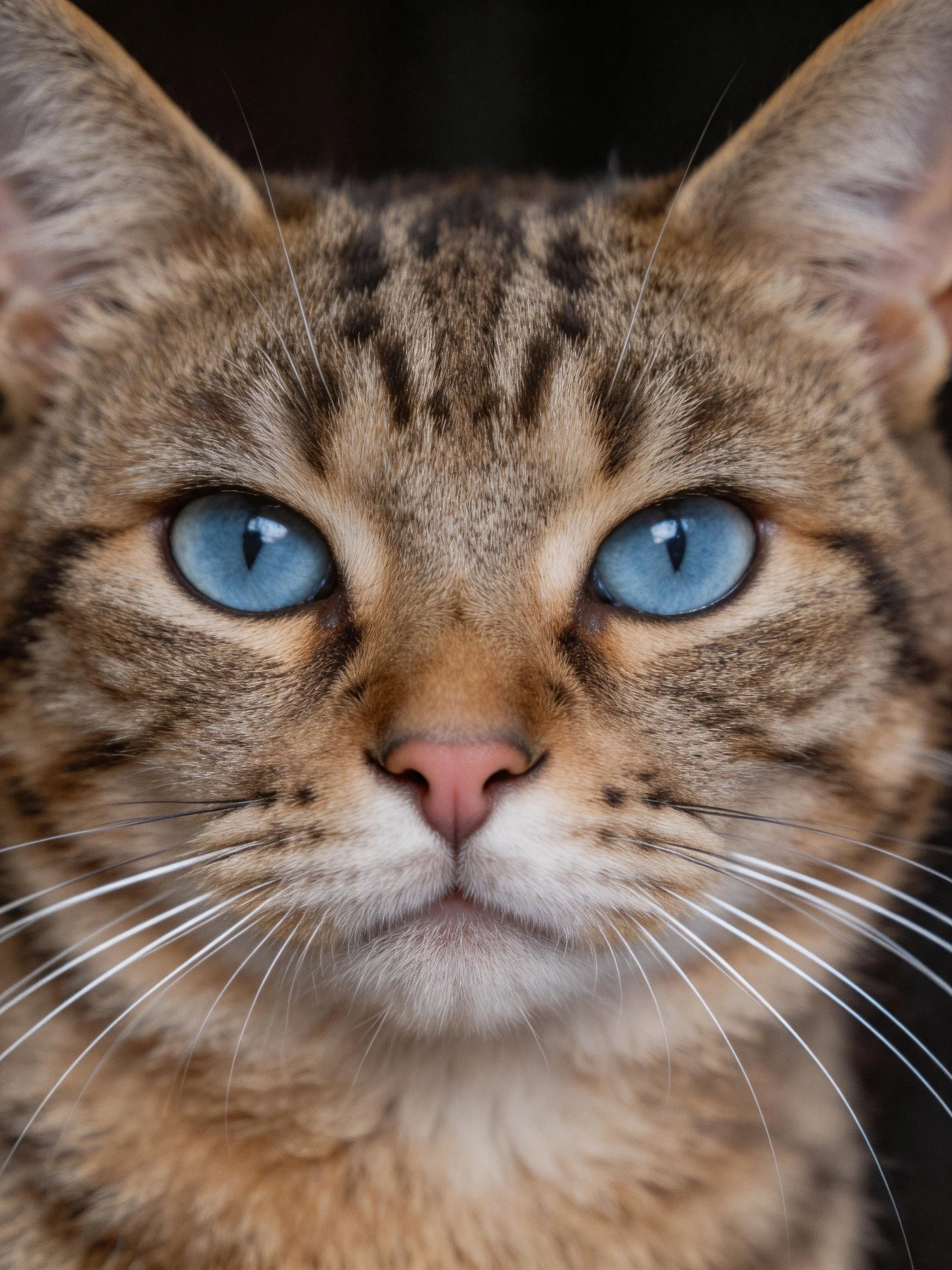 Close-up of a tabby cat with striking blue eyes