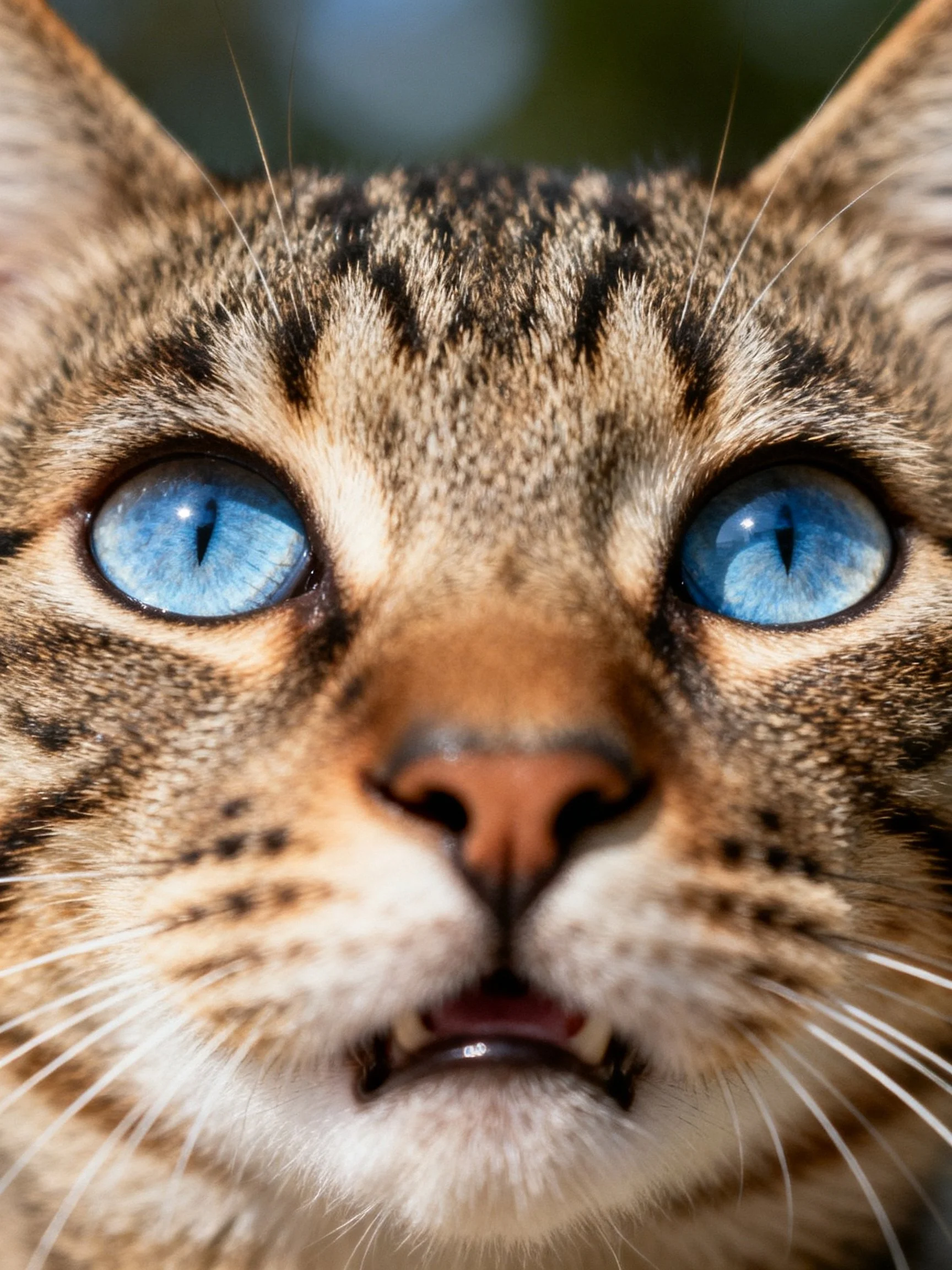 Close-up of a tabby cat with striking blue eyes