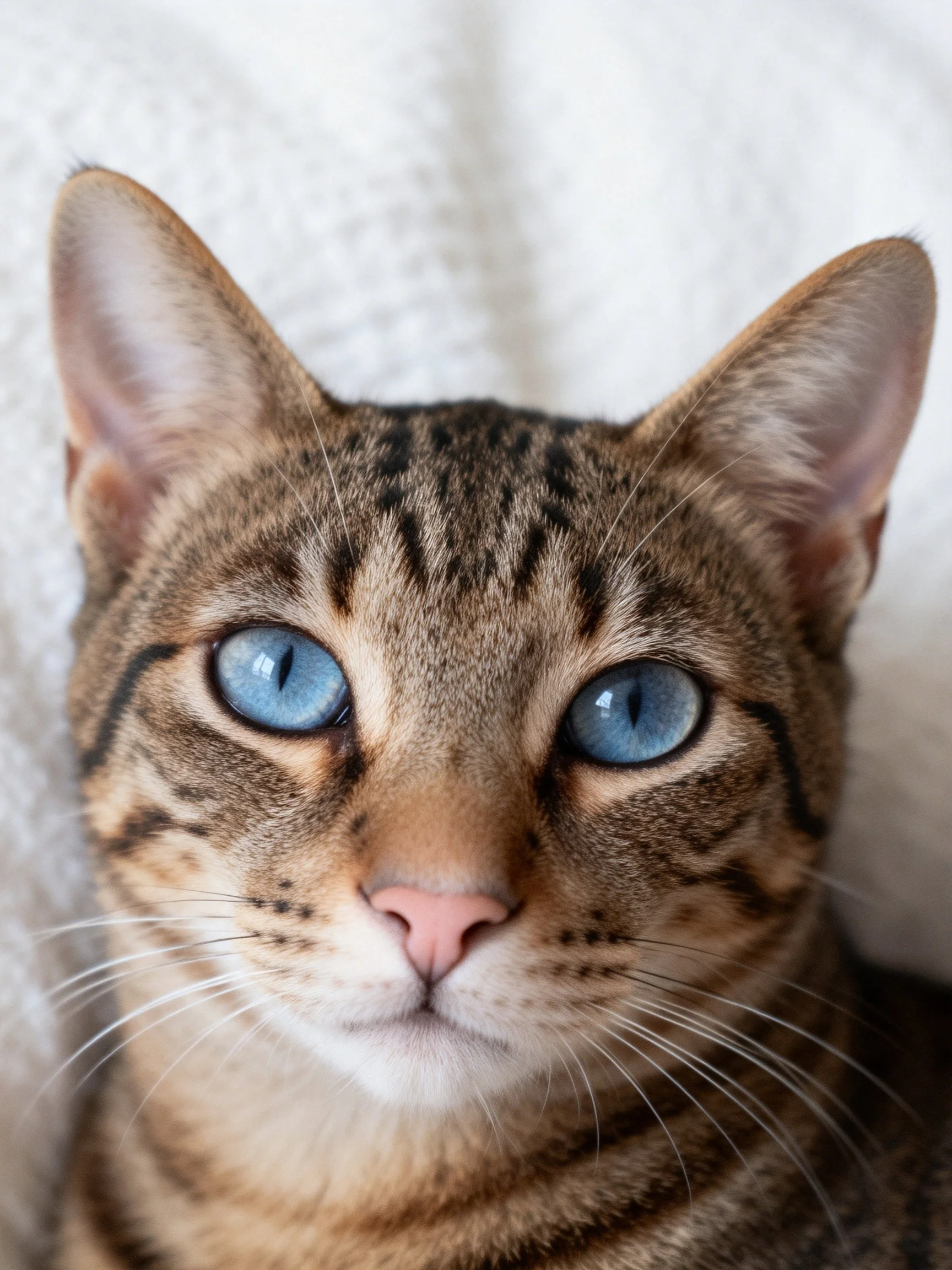 Close-up of a tabby cat with striking blue eyes
