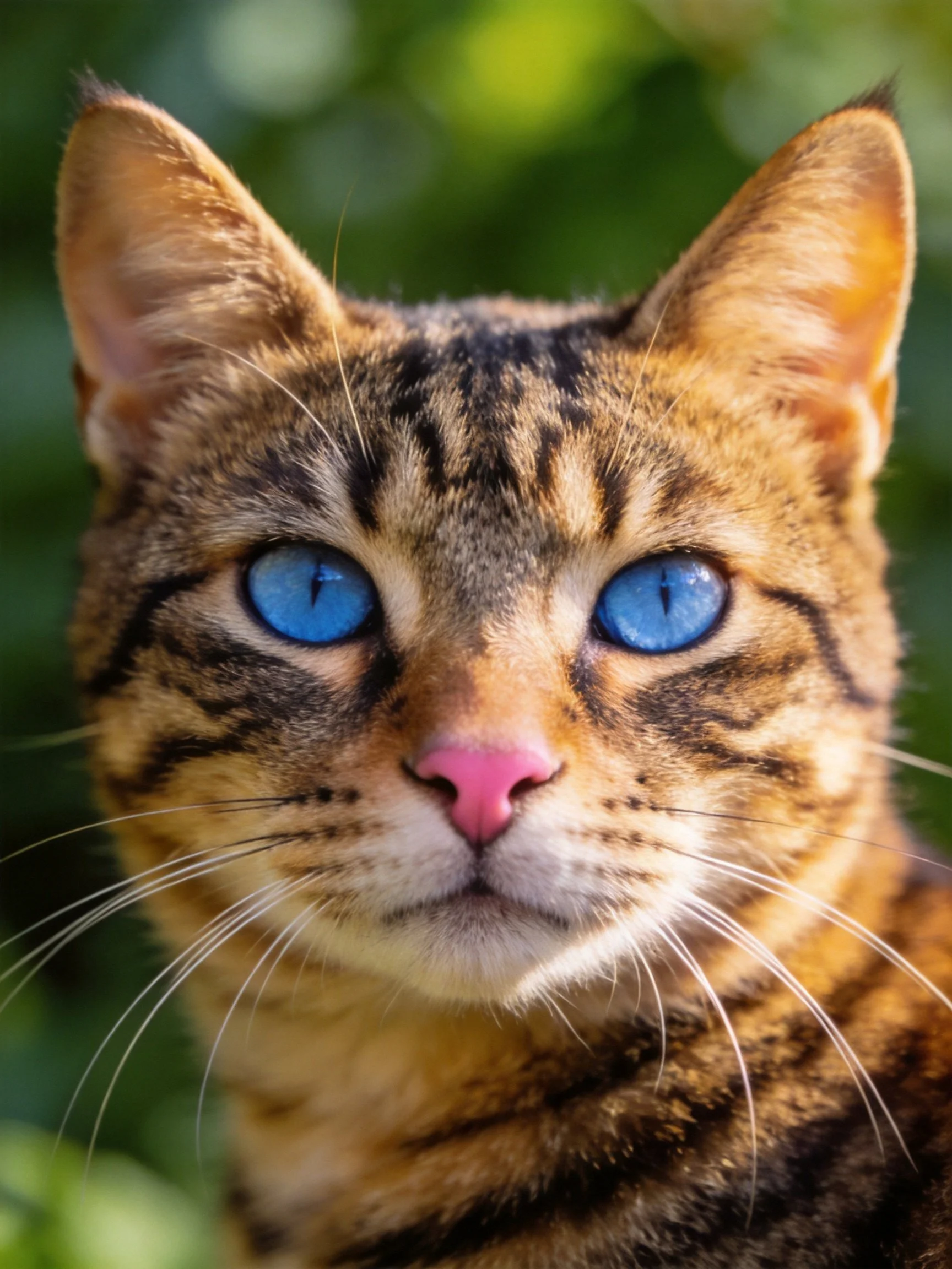 Close-up of a tabby cat with striking blue eyes and pink nose