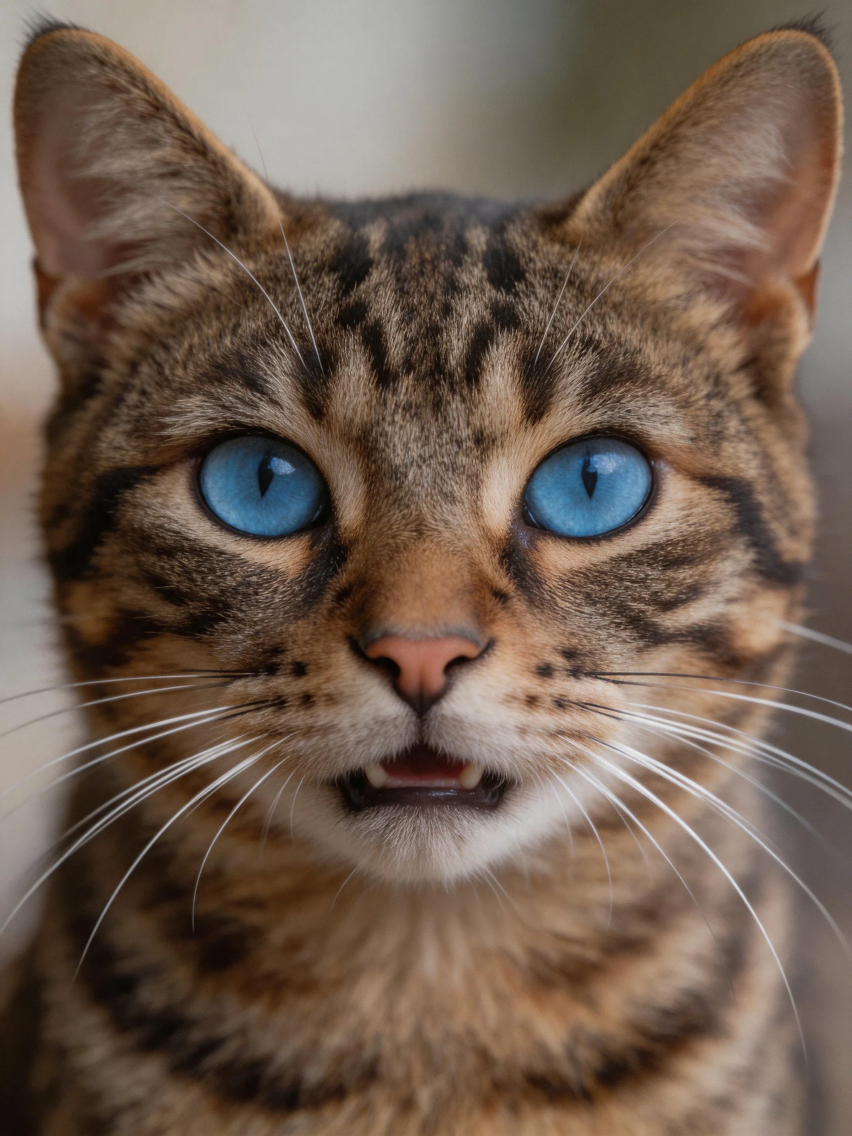 Close-up of a tabby cat with striking blue eyes