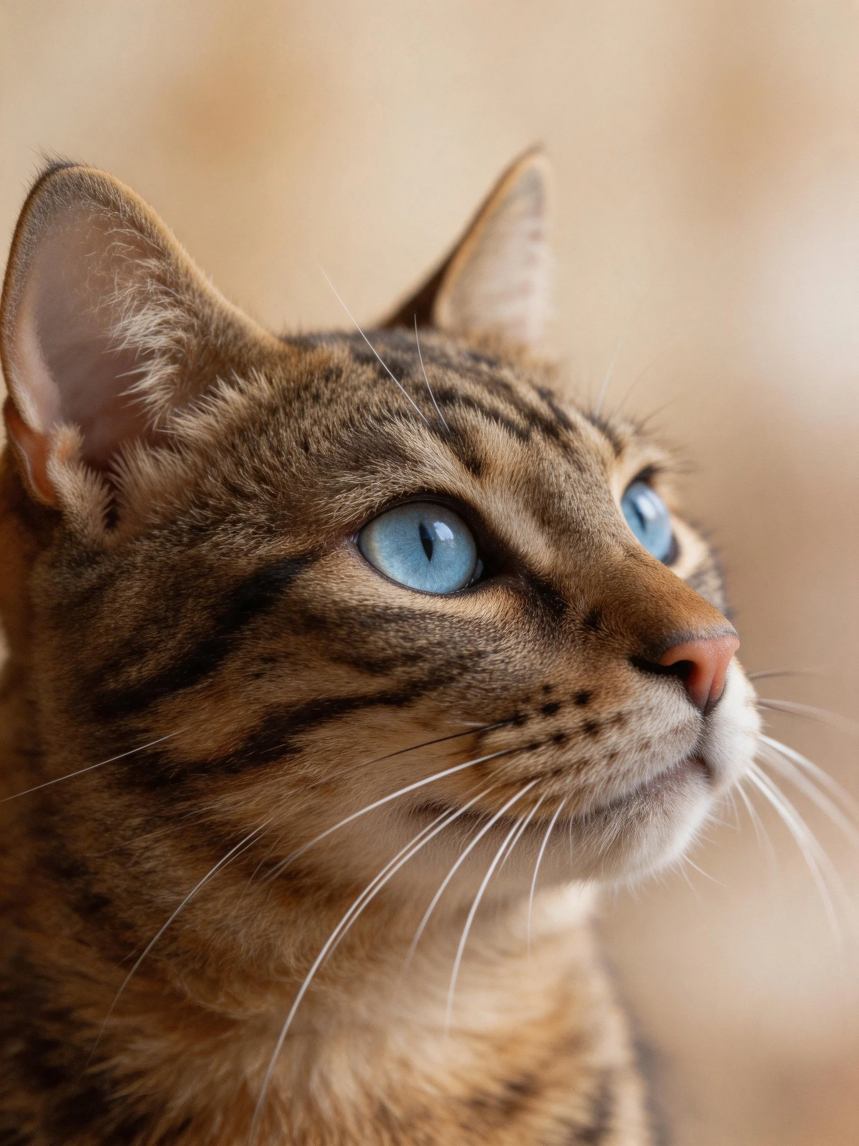 Close - up of a tabby cat with striking blue eyes