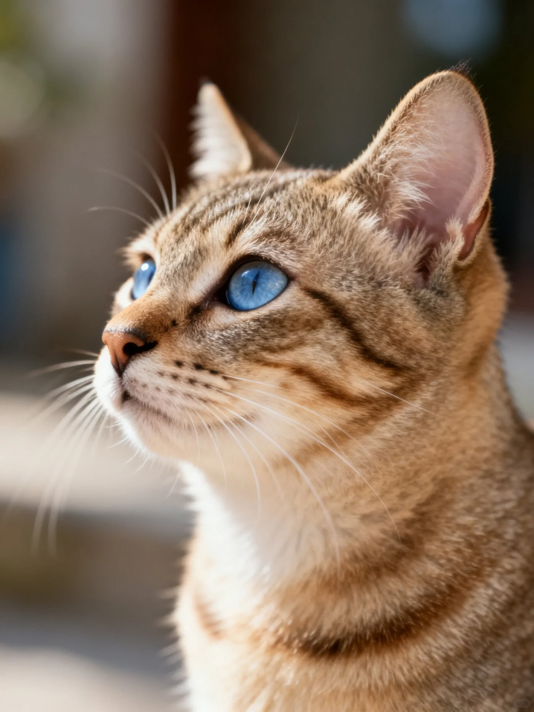 Close-up of a tabby cat with striking blue eyes
