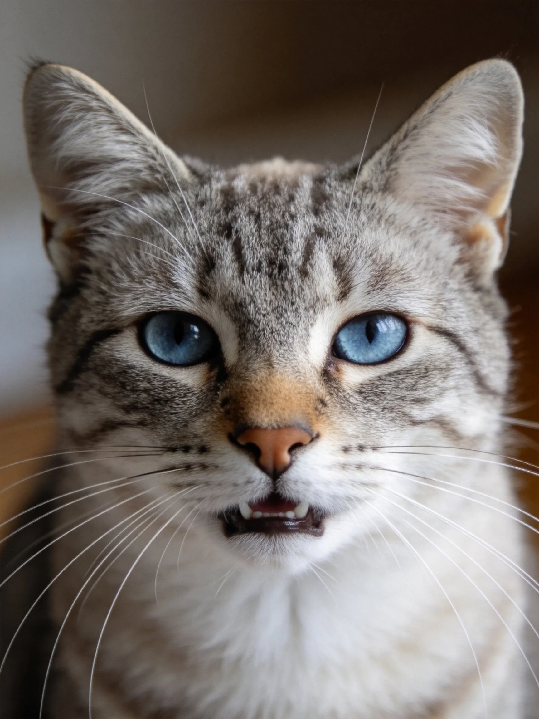 Close - up of a tabby cat with striking blue eyes