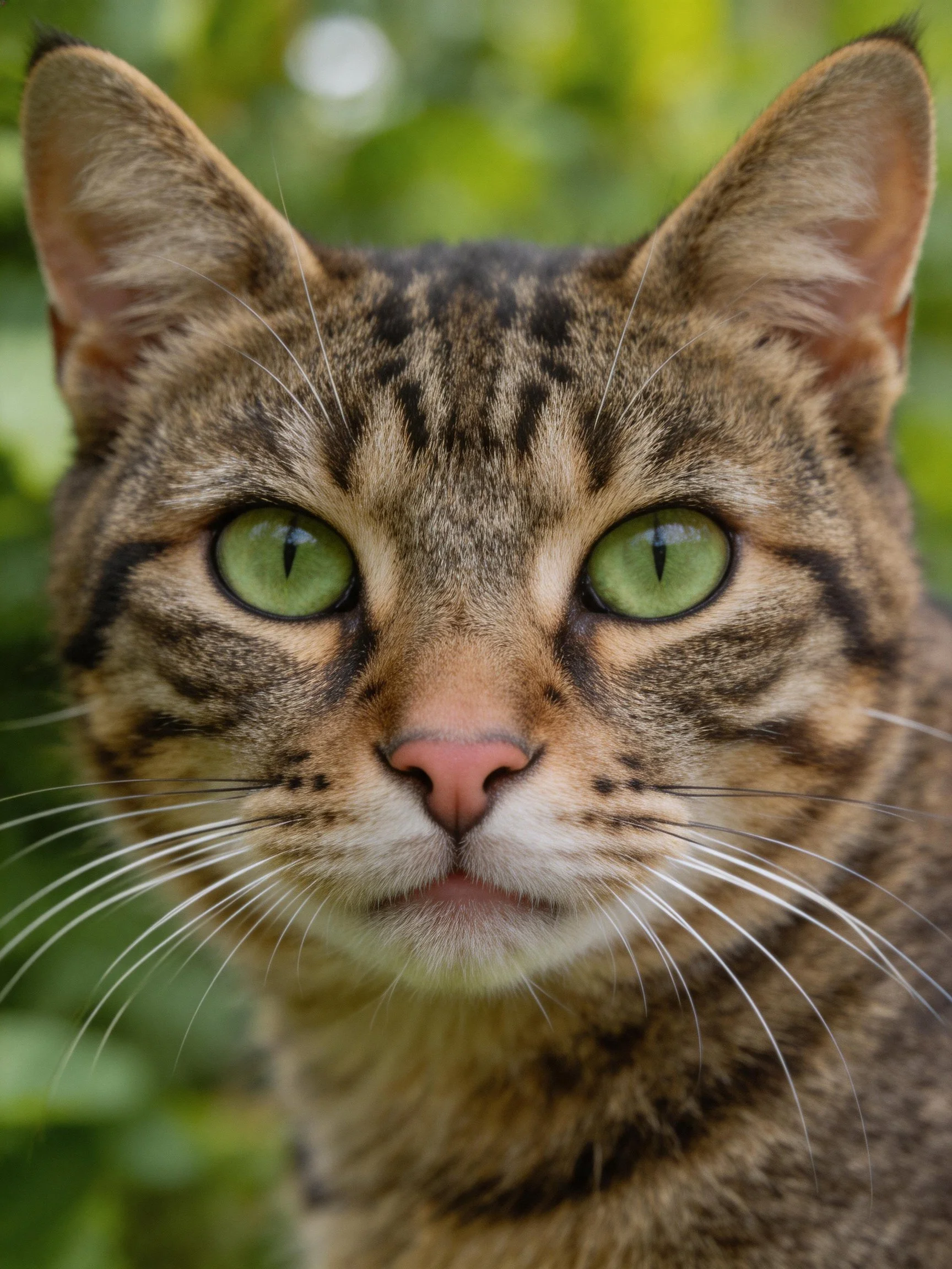 Close-up of a tabby cat with striking green eyes