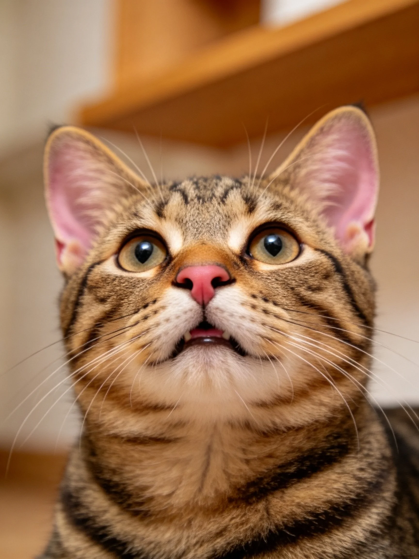 Close - up of a tabby cat with striking green eyes and pink inner ears