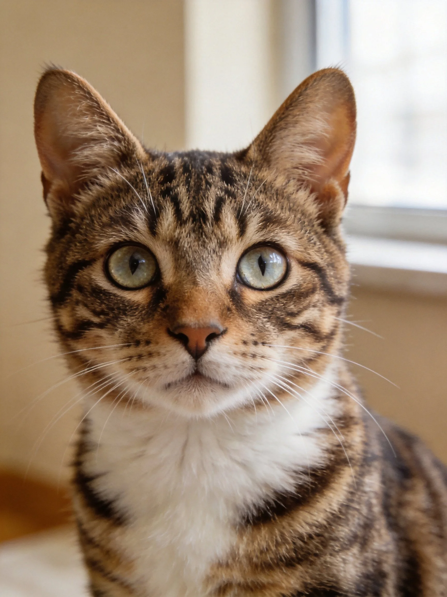 Close-up of a tabby cat with striking green eyes