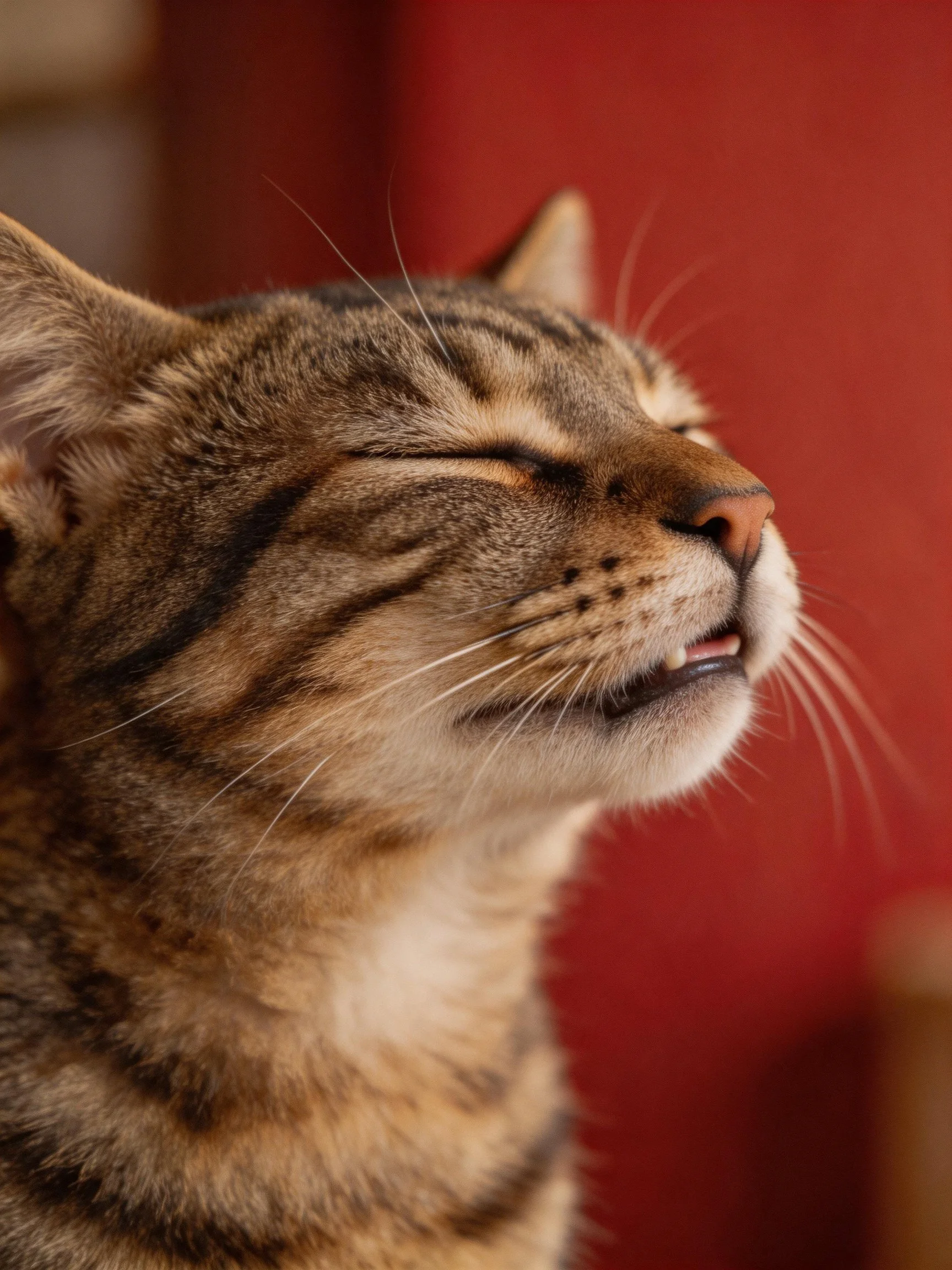 Close-up of a tabby cat with striped fur against a red backdrop