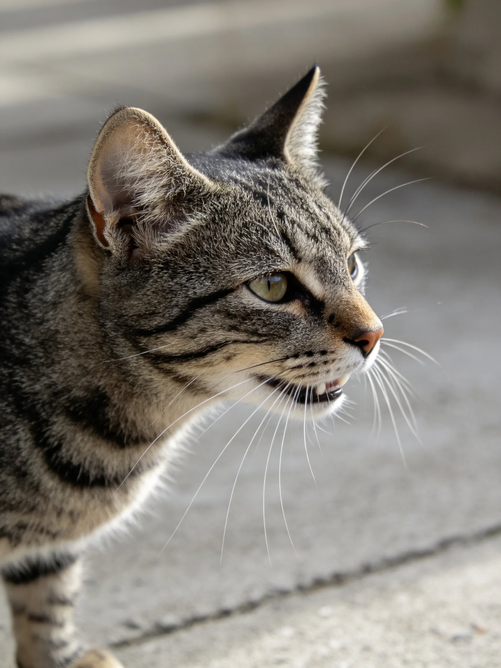Close-up of a tabby cat with striped fur and green eyes outdoors