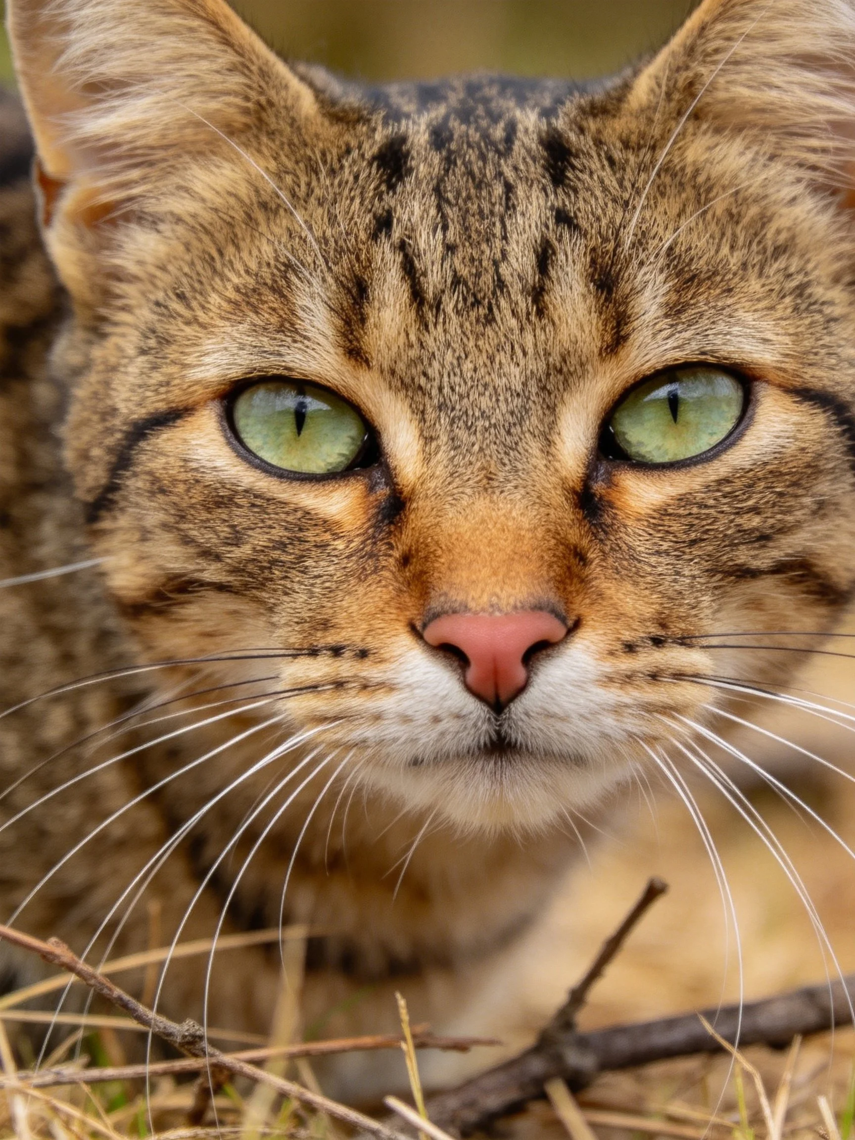 Tabby cat with green eyes is photographed up close near dry grass and twigs