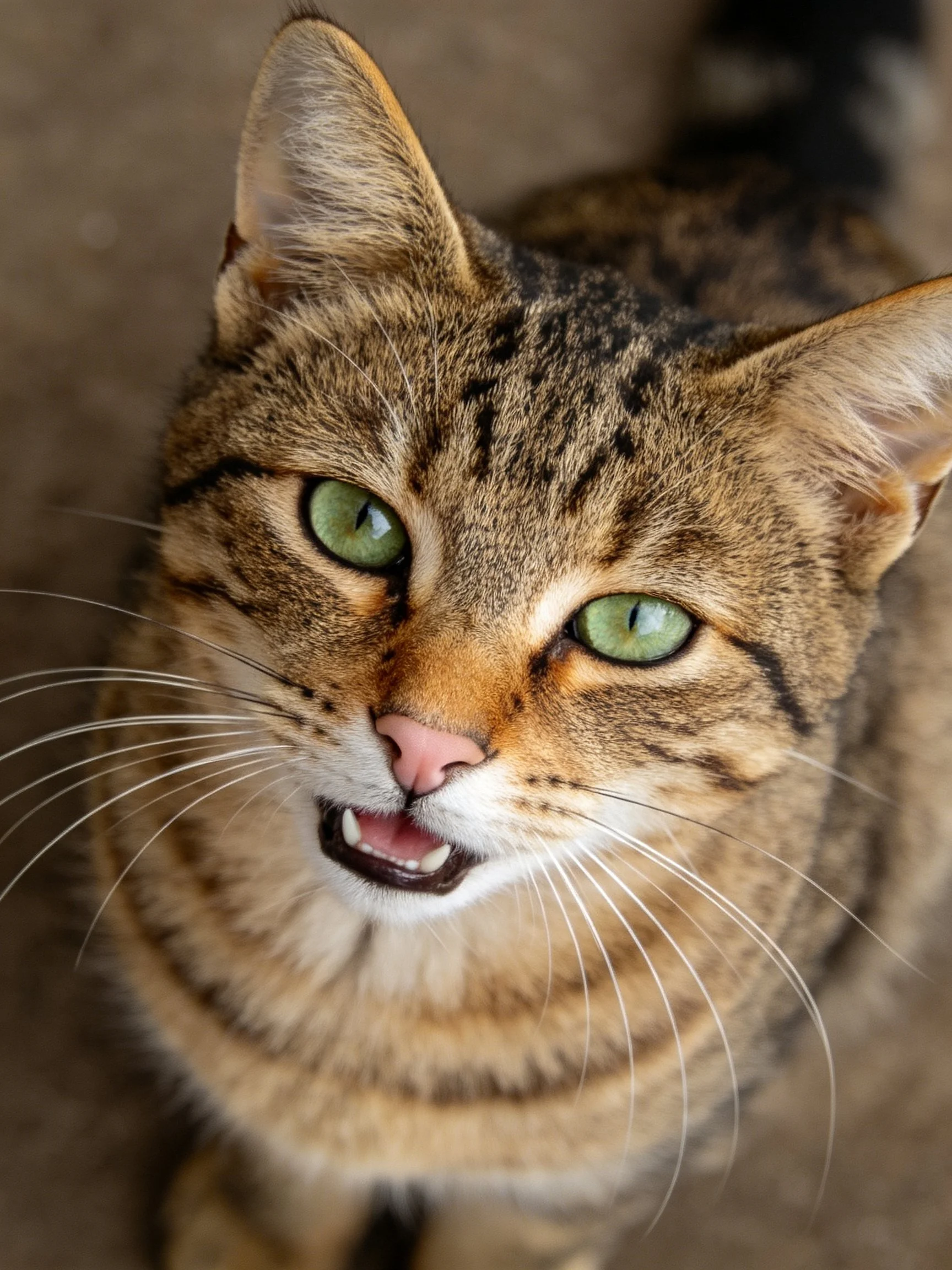 A tabby cat with green eyes gazes upward in a detailed photograph.