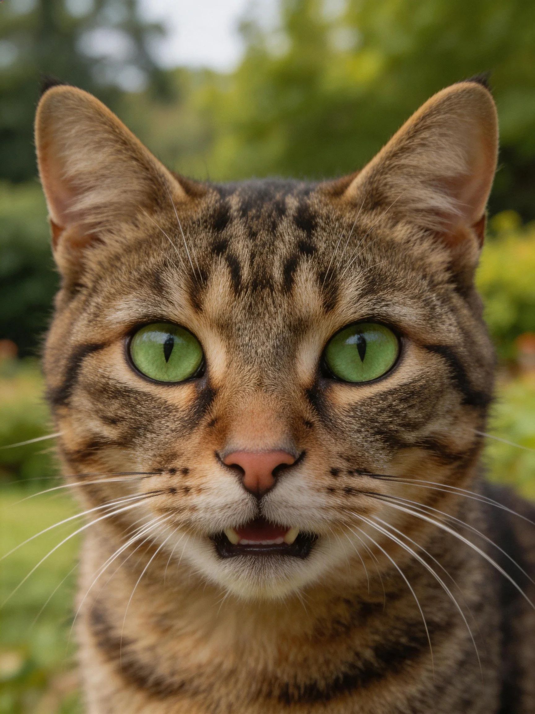 A close-up of a tabby cat with green eyes photographed outdoors.