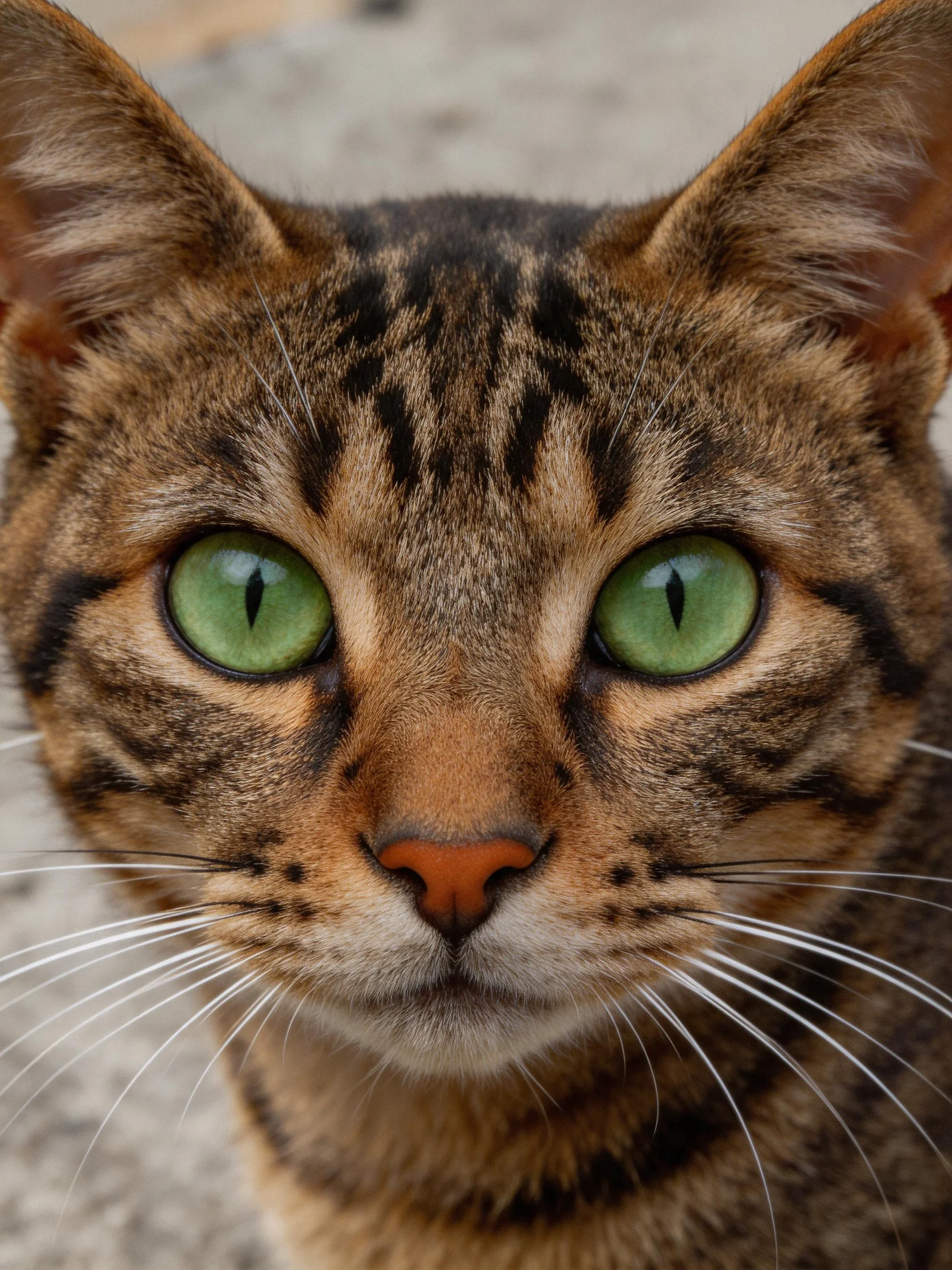 Tabby cat with vibrant green eyes in a close - up.