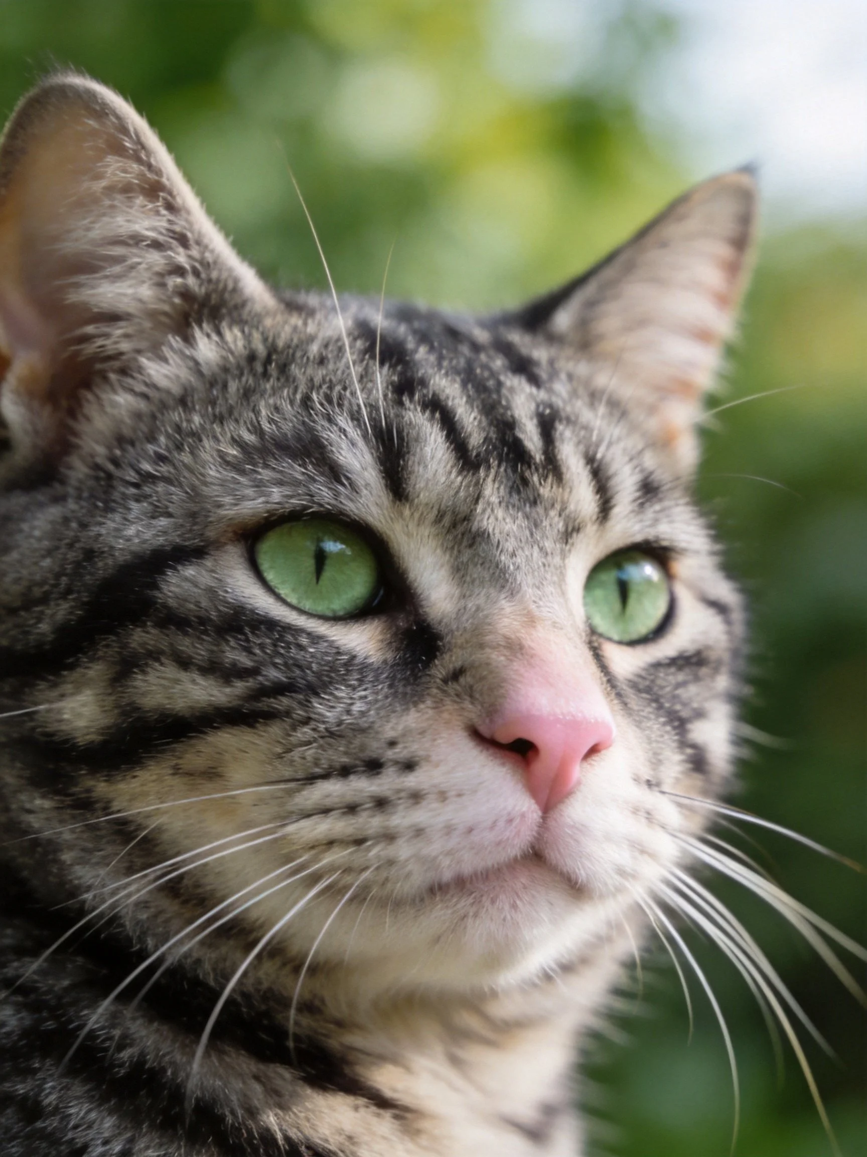 Close-up of a tabby cat with vibrant green eyes
