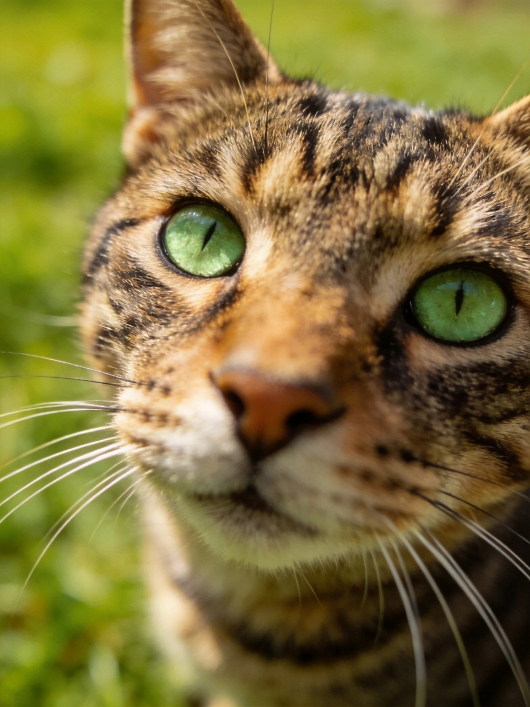 A tabby cat with green eyes is shown in a close - up photograph.