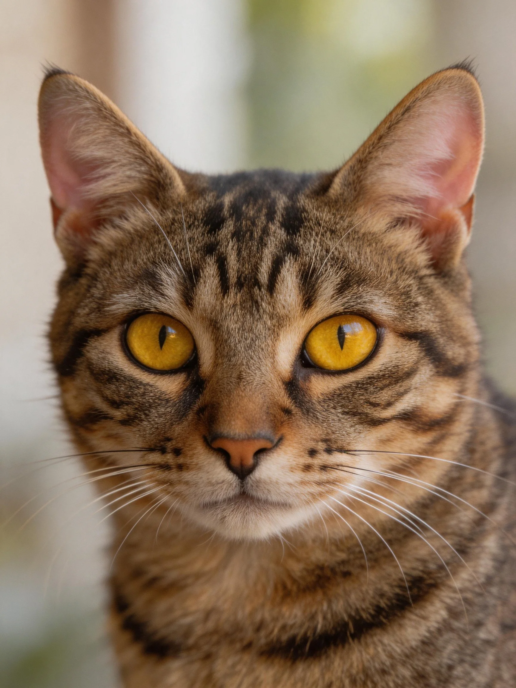 A tabby cat with vibrant yellow eyes is shown in a close - up photograph.
