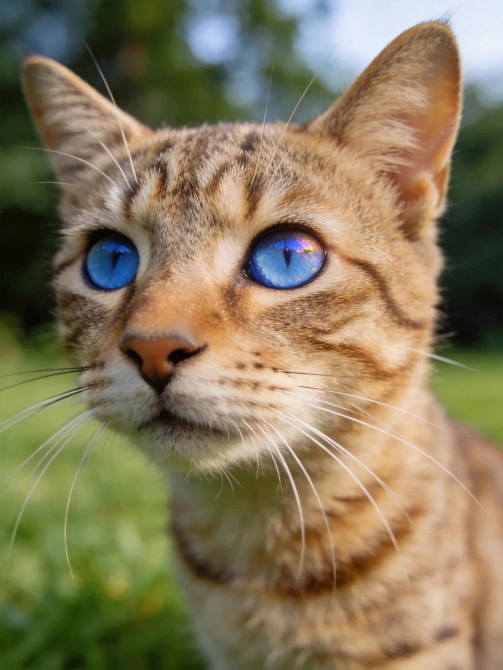 Close - up of a tabby cat with vivid blue eyes amidst greenery