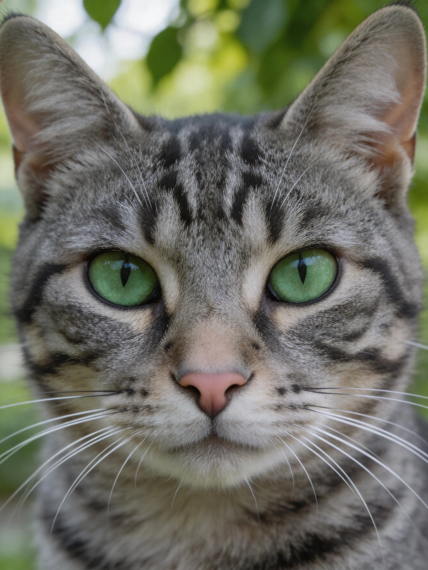 A close-up shows a tabby cat with striking green eyes.