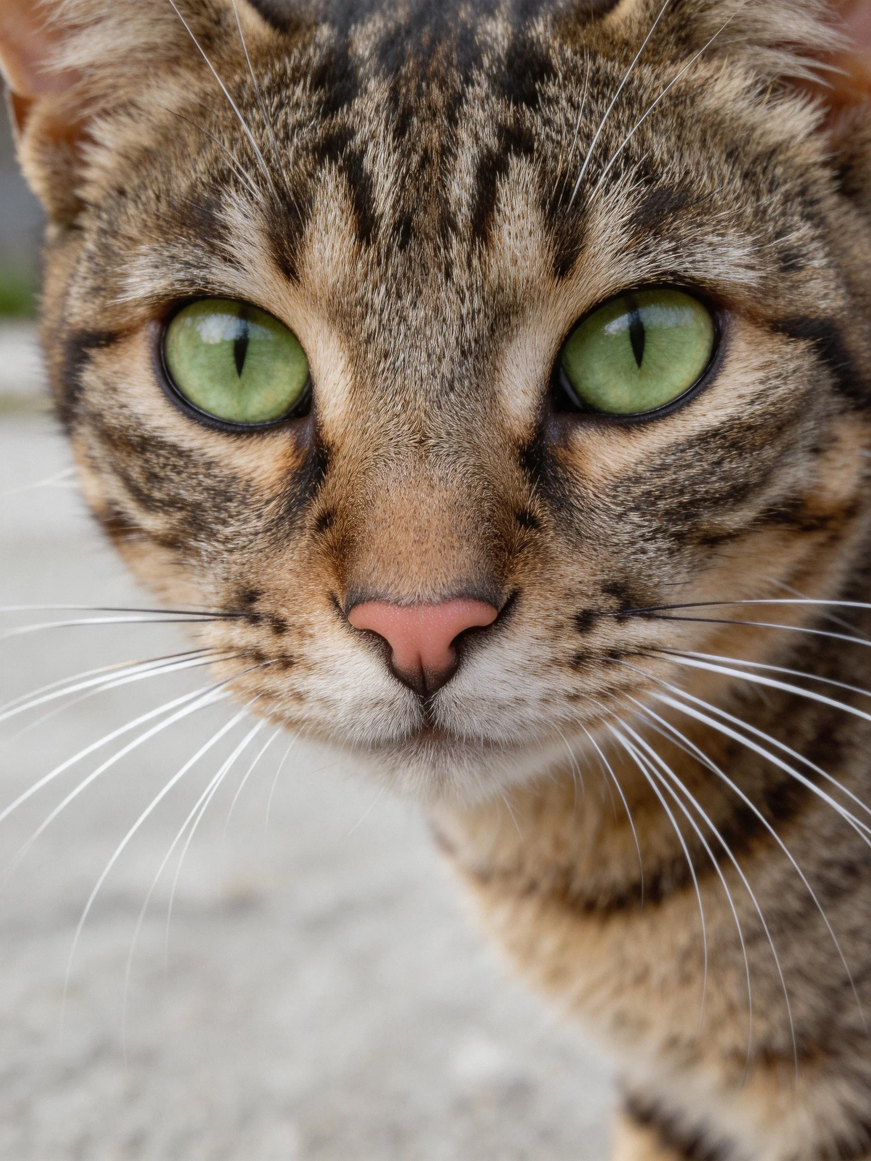 A close - up reveals a tabby cat with vivid green eyes.