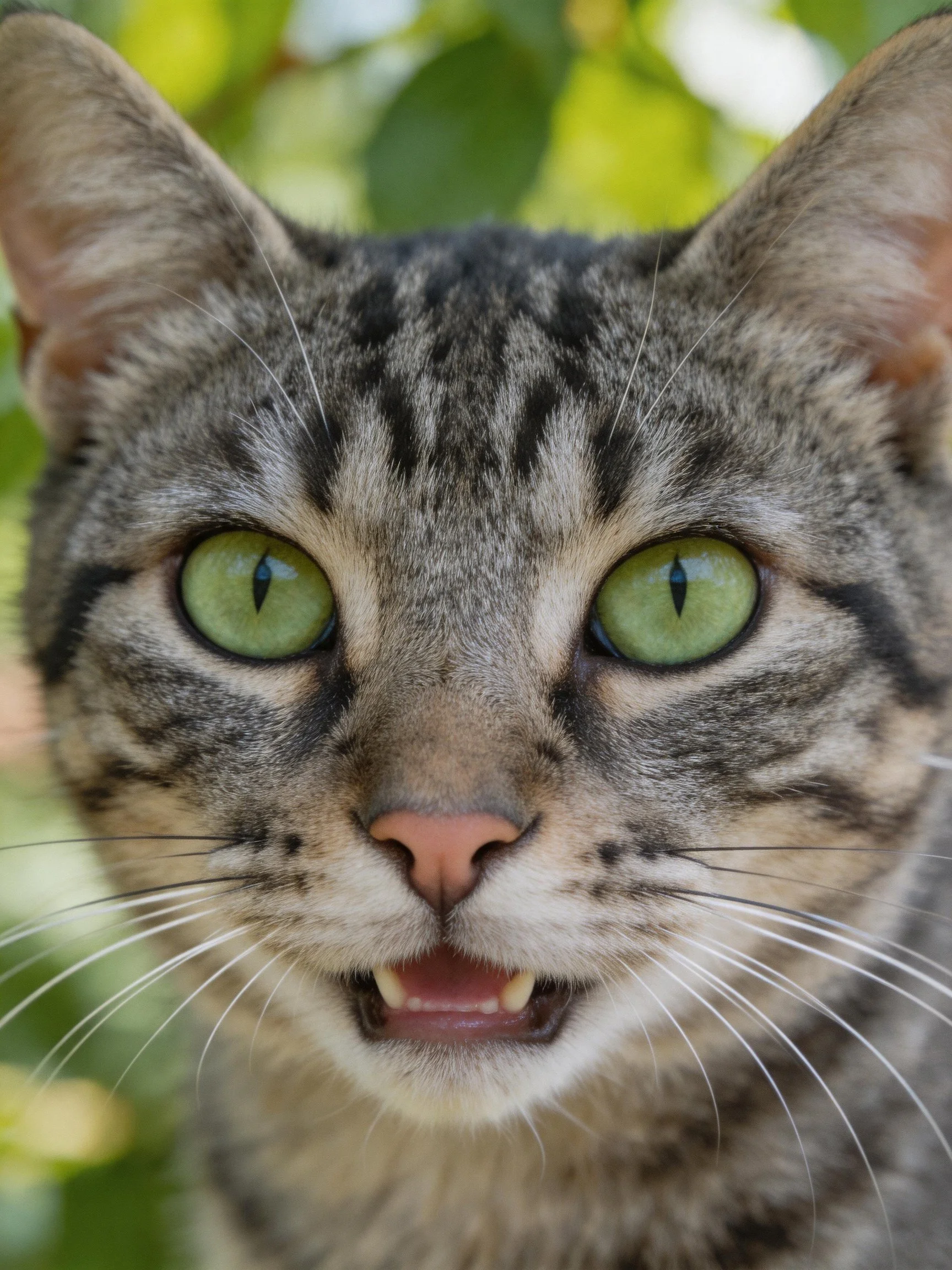 A tabby cat with bright green eyes is photographed up close near leafy surroundings.