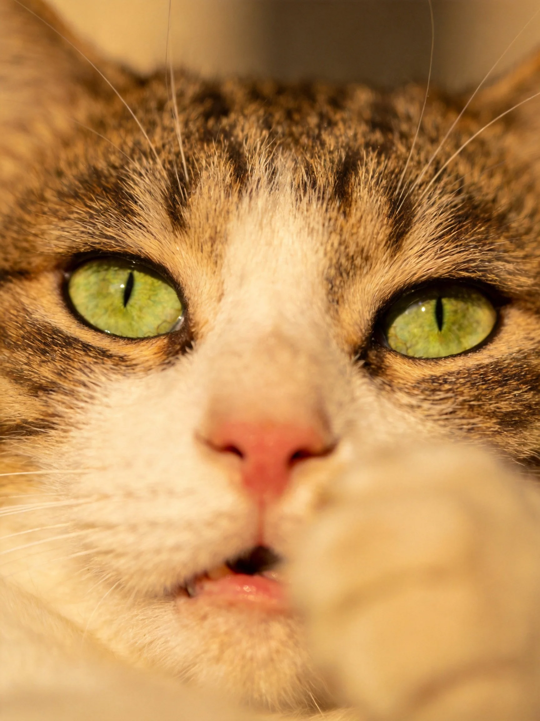 Close-up of a tabby cat with striking green eyes.