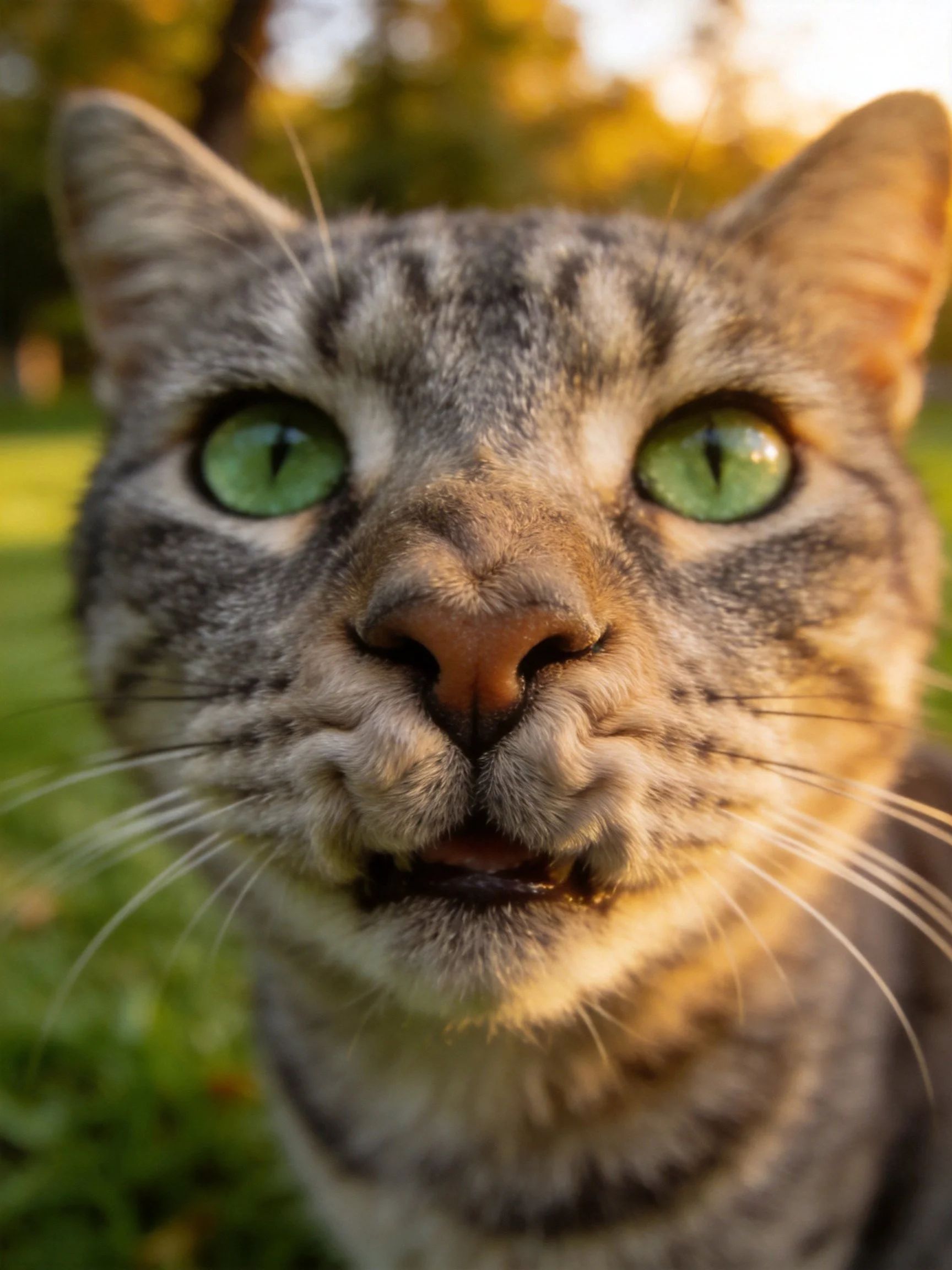 A tabby cat with striking green eyes is photographed up close ina natural outdoor environment.