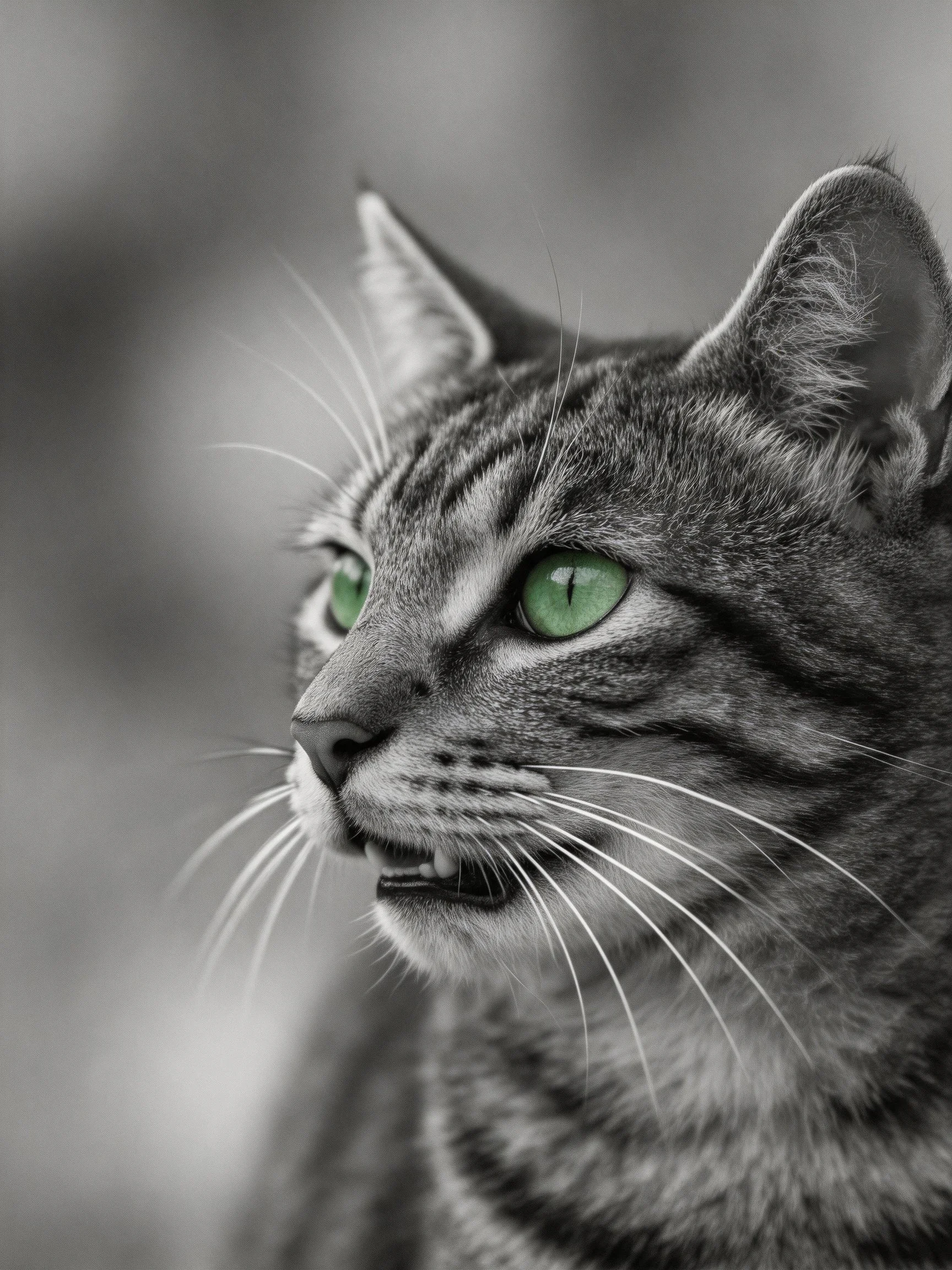 A close - up of a tabby cat highlights its vivid green eyes in a monochrome scene.