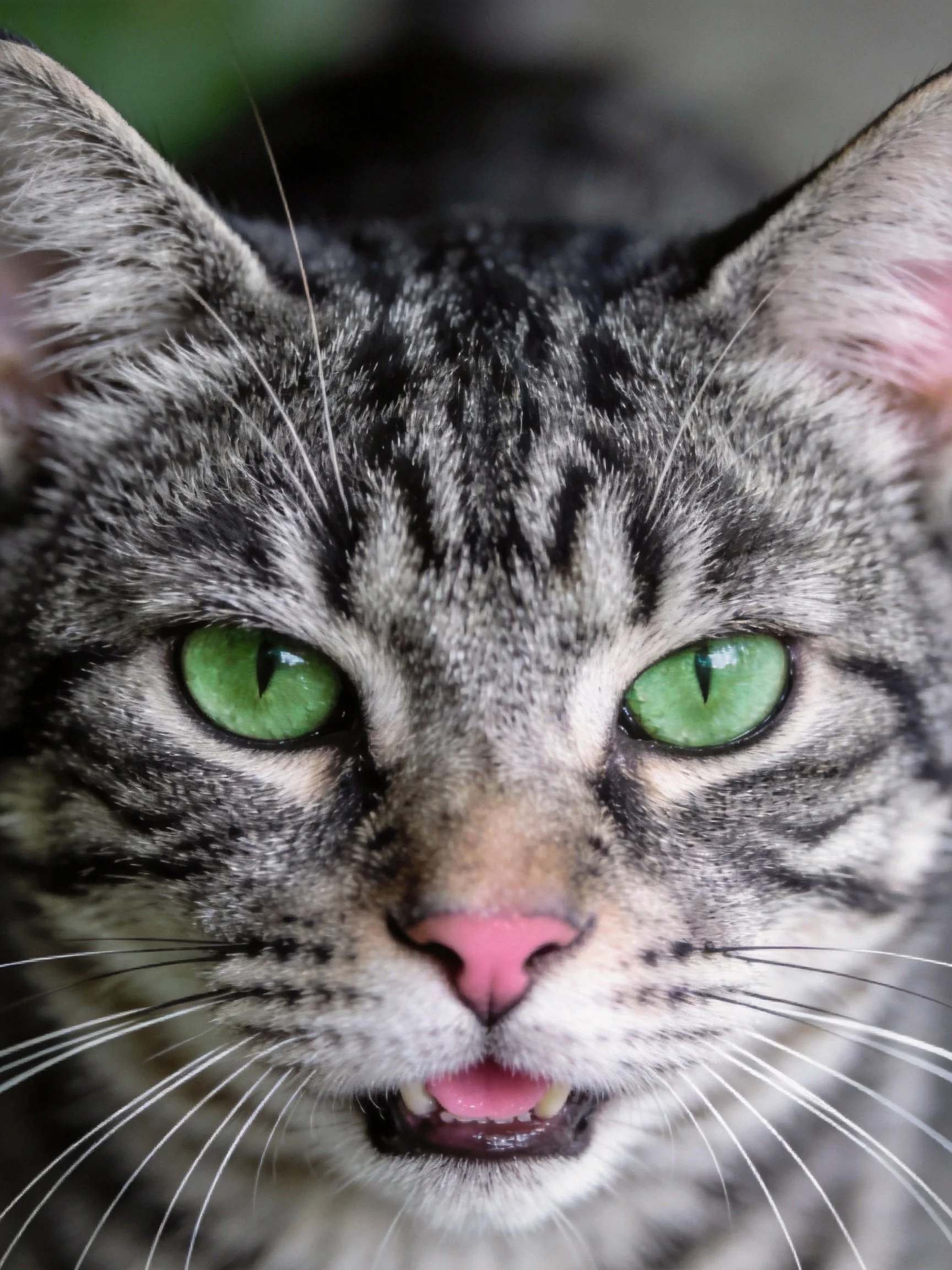 A tabby cat with vivid green eyes is photographed closely.