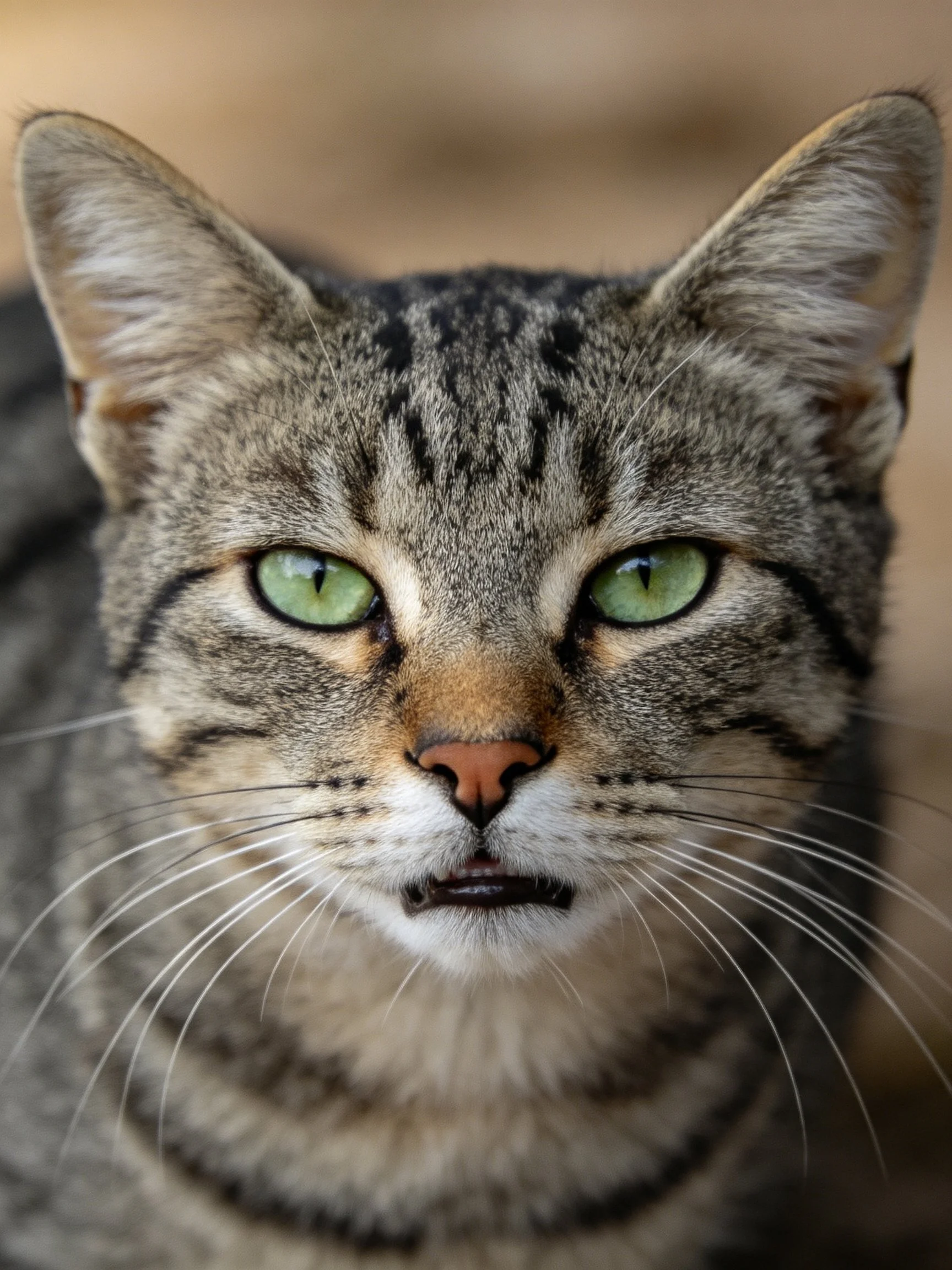 A tabby cat with vivid green eyes is captured in a close - up photograph.