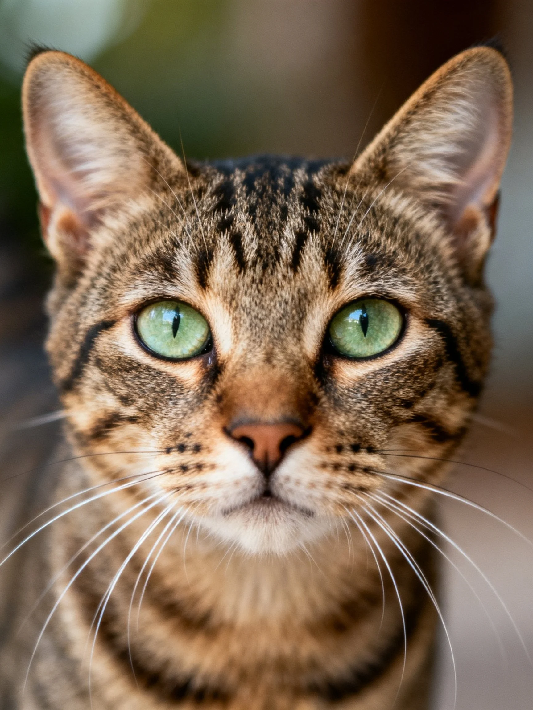 A tabby cat with green eyes is depicted in a close - up photograph.
