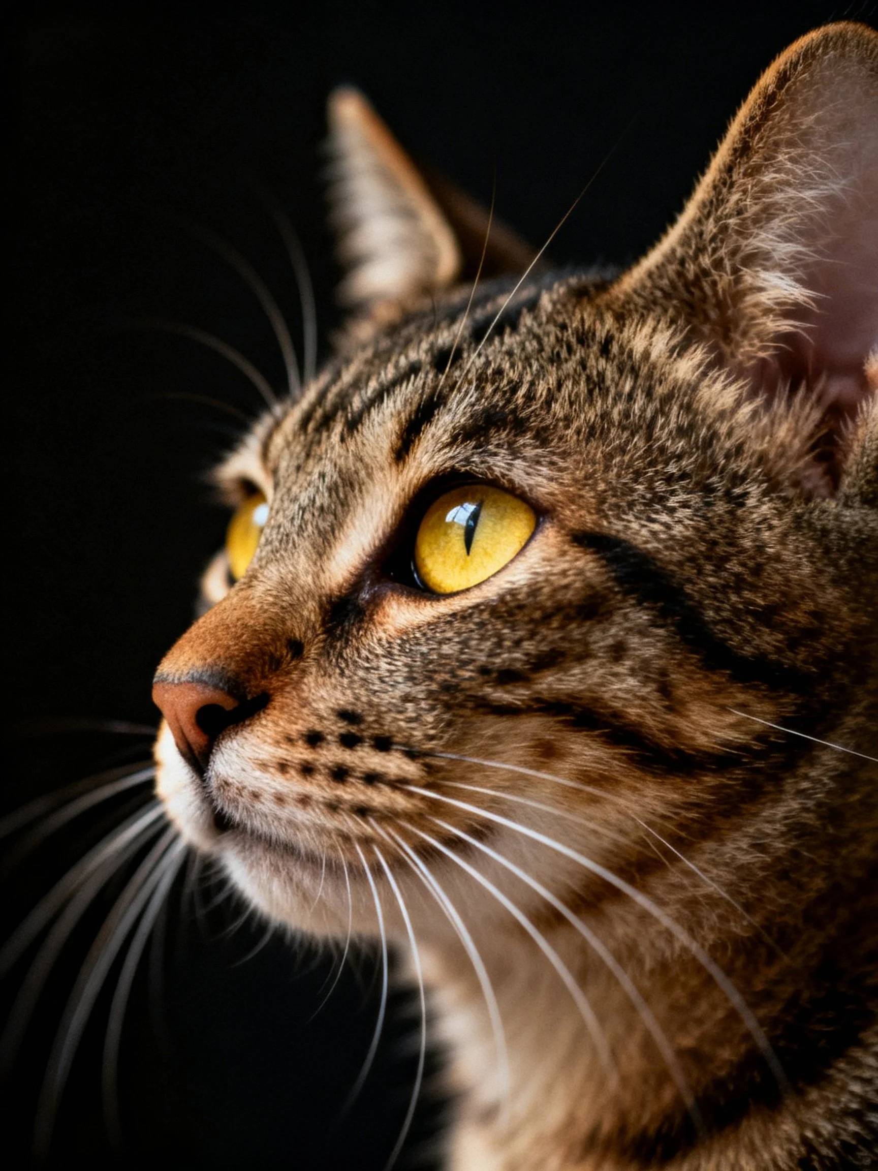 A close-up of a tabby cat with bright yellow eyes against a dark background.