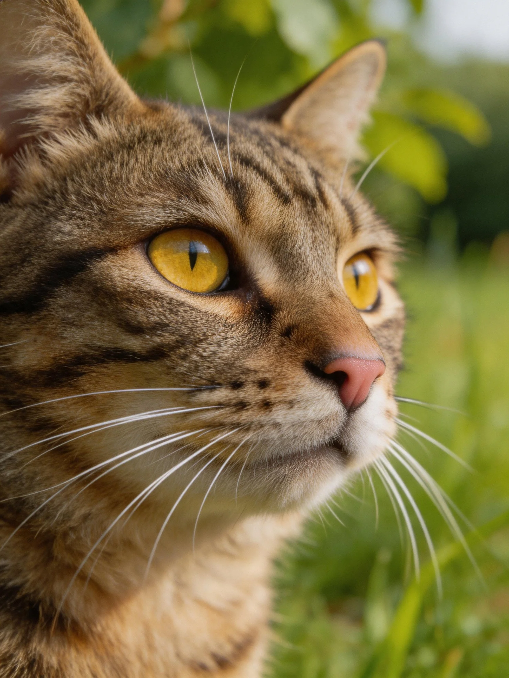 A tabby cat with striking yellow eyes is shown up close in a natural environment.
