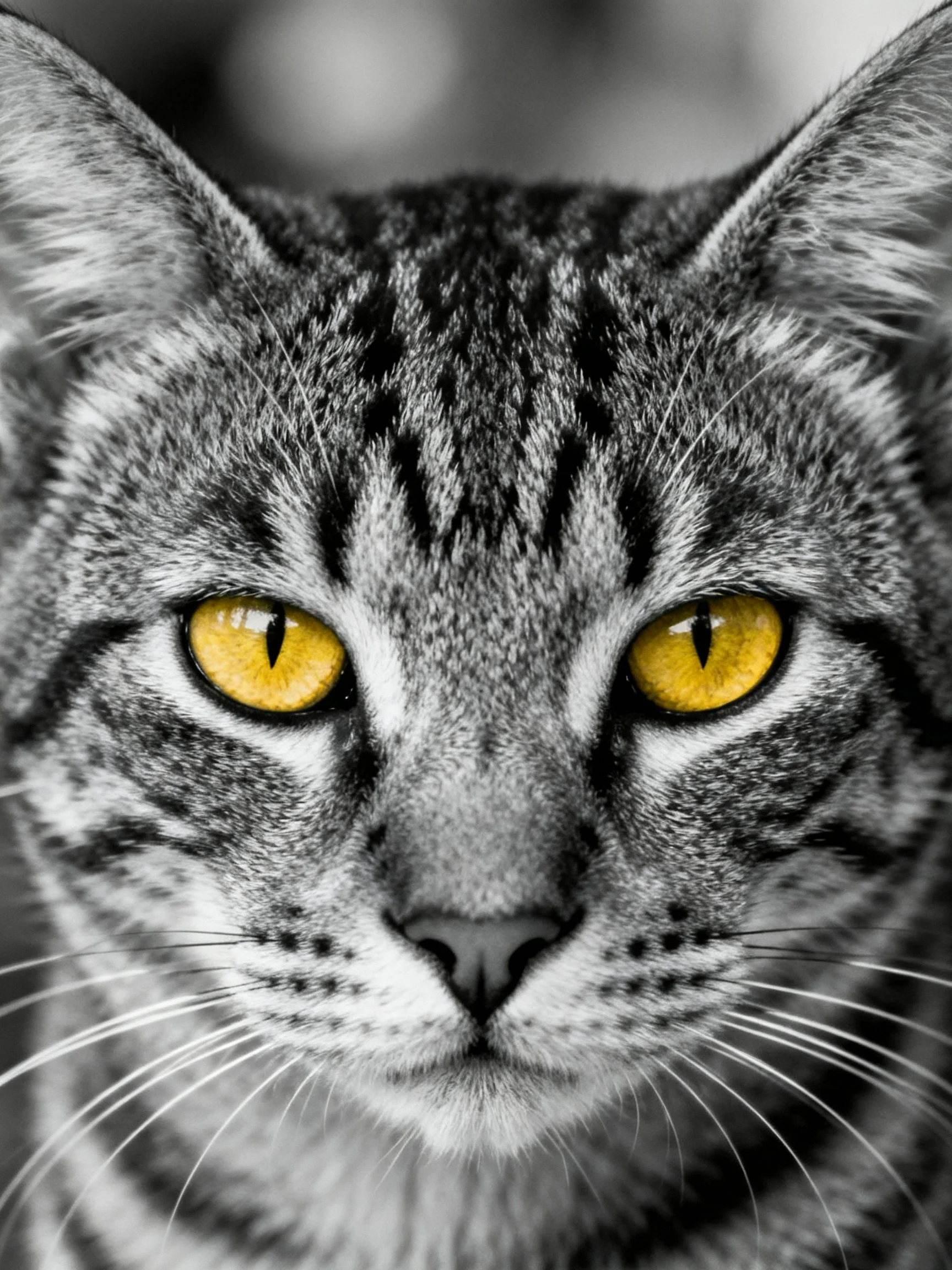 A close-up focuses on a tabby cat’s face with bright yellow eyes.