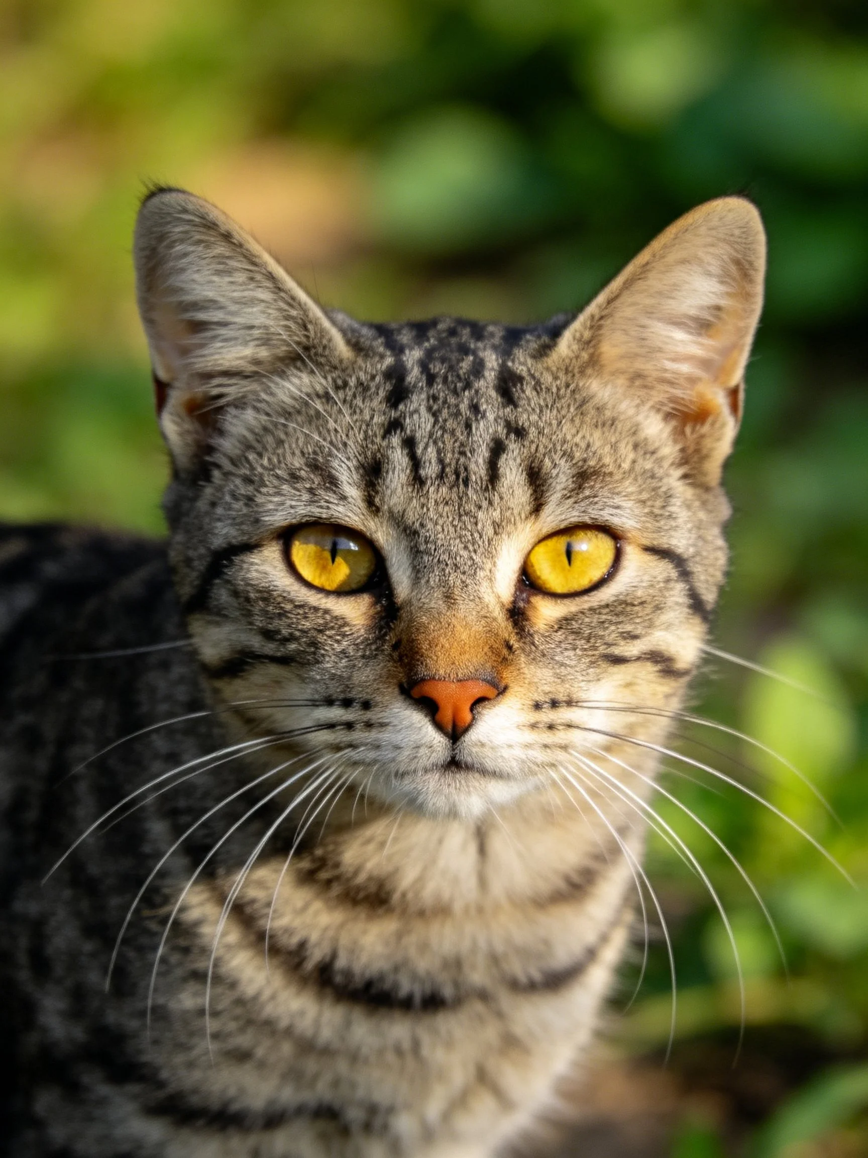 Tabby cat with vivid yellow eyes is captured up close.