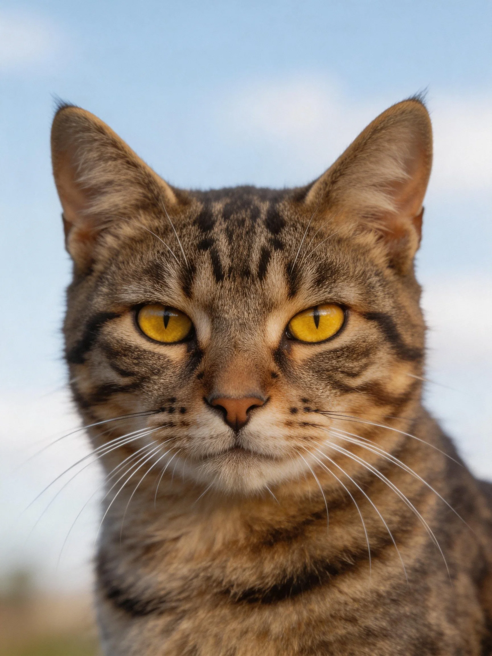 A tabby cat with bright yellow eyes is photographed up close against a clear blue sky.