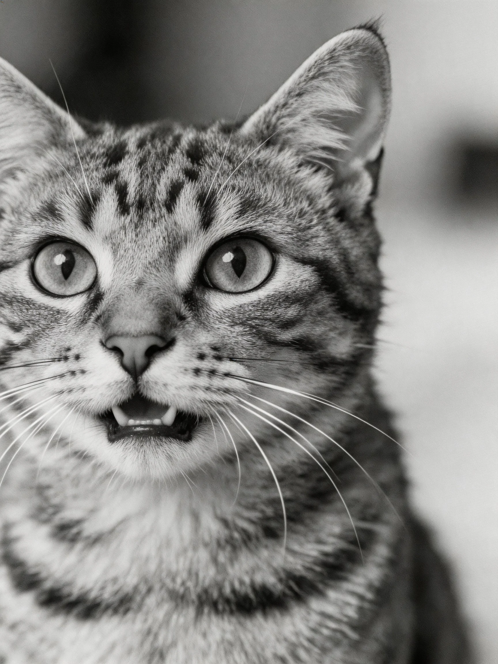Close - up of a tabby cat with wide eyes in monochrome