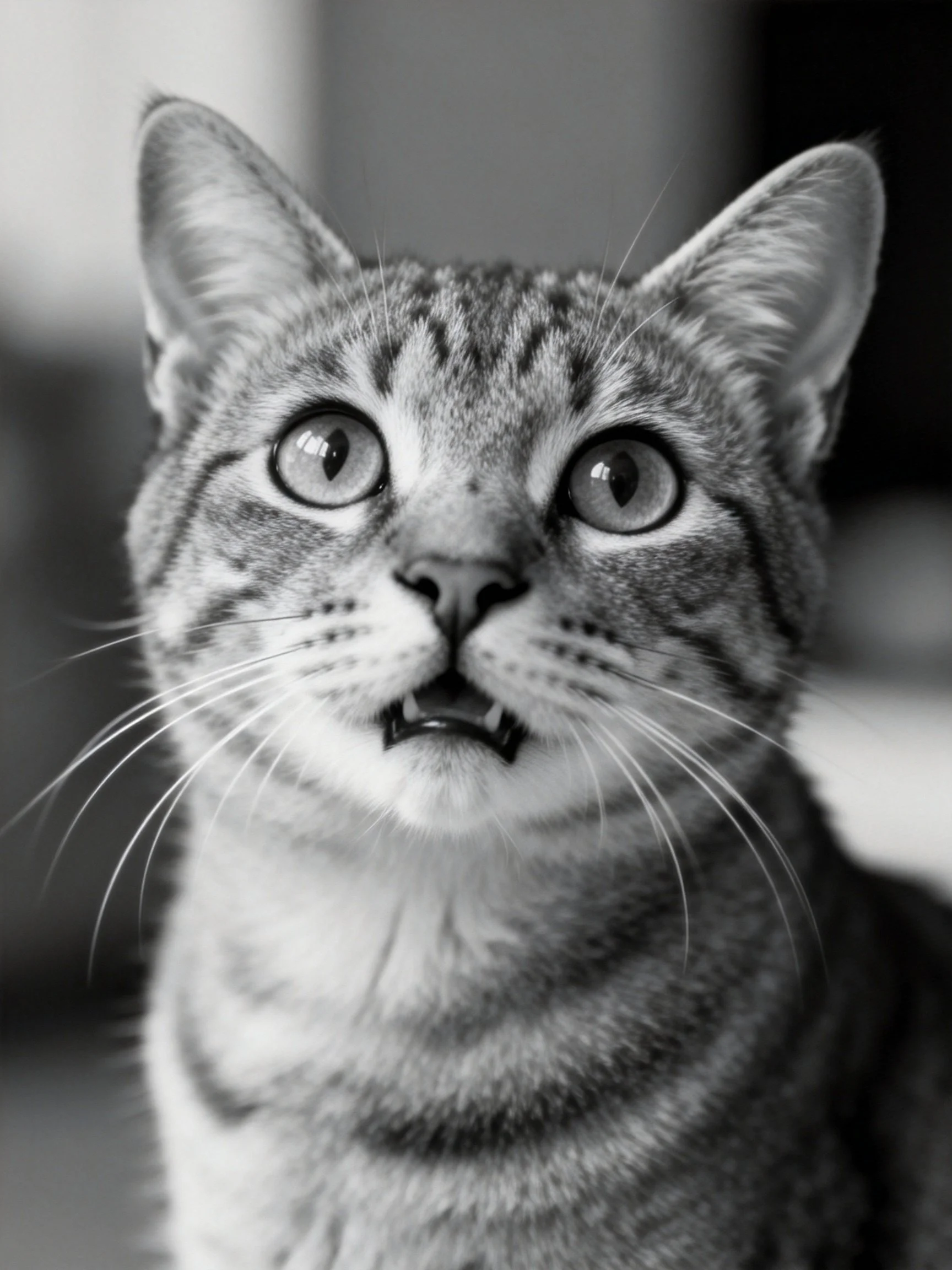 Close-up of a tabby cat with wide eyes in monochrome