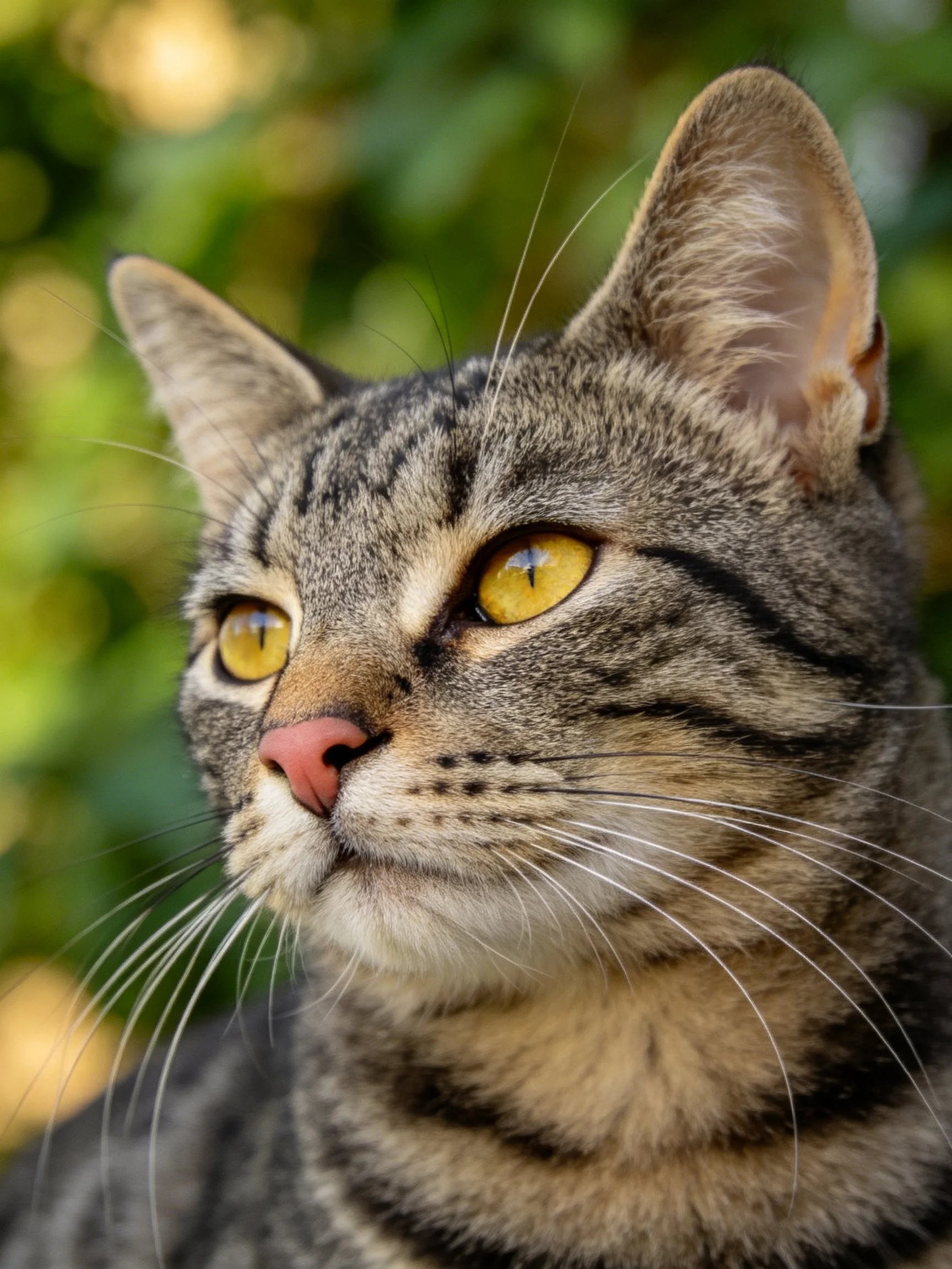A tabby cat with bright yellow eyes is photographed up close.