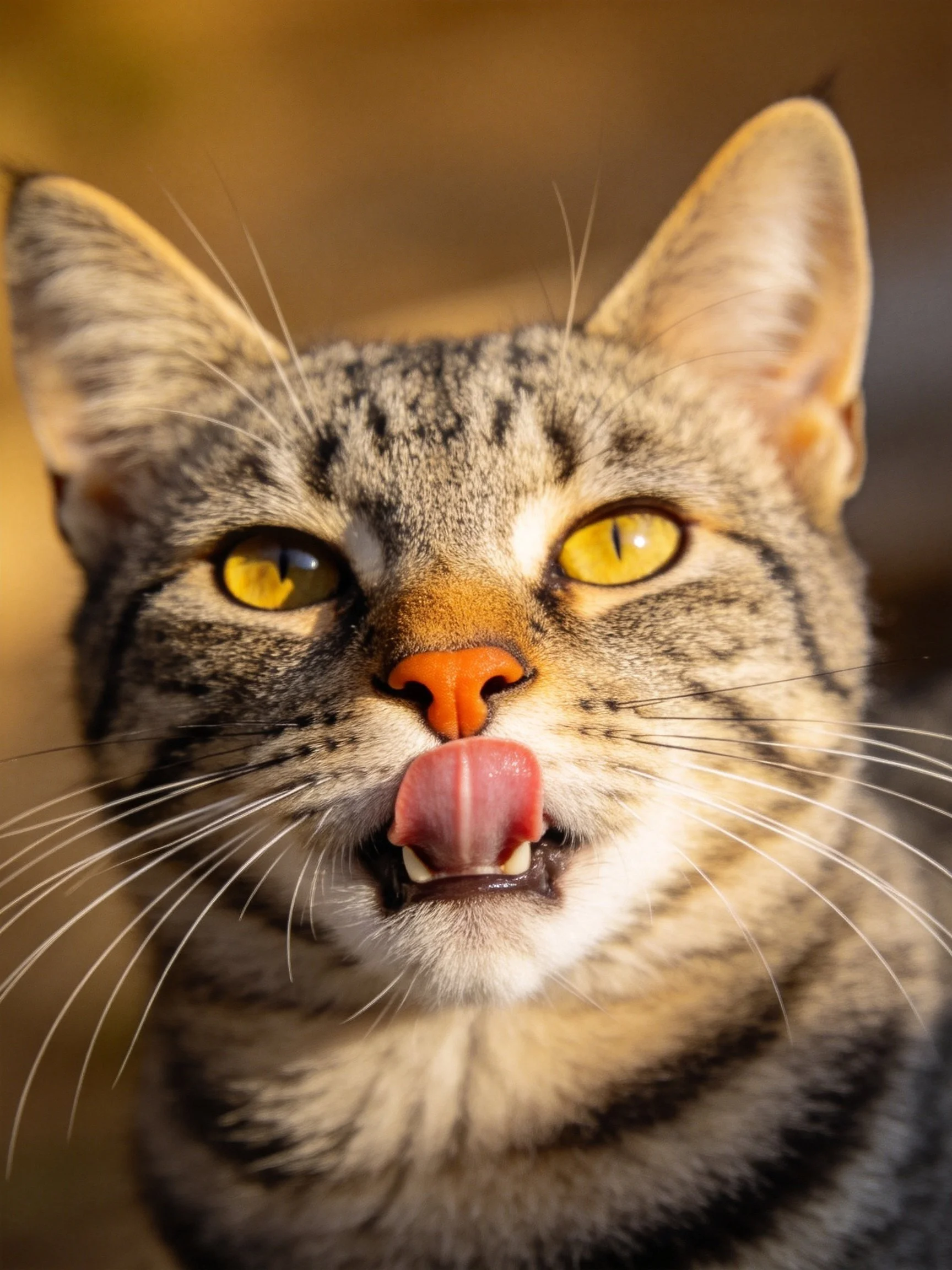 Tabby cat with yellow eyes licks mouth, highlighting facial features.