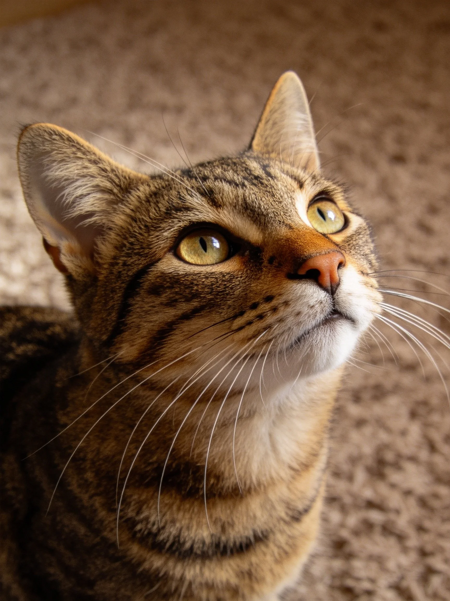A tabby cat with yellow eyes looks upward near a textured carpet.