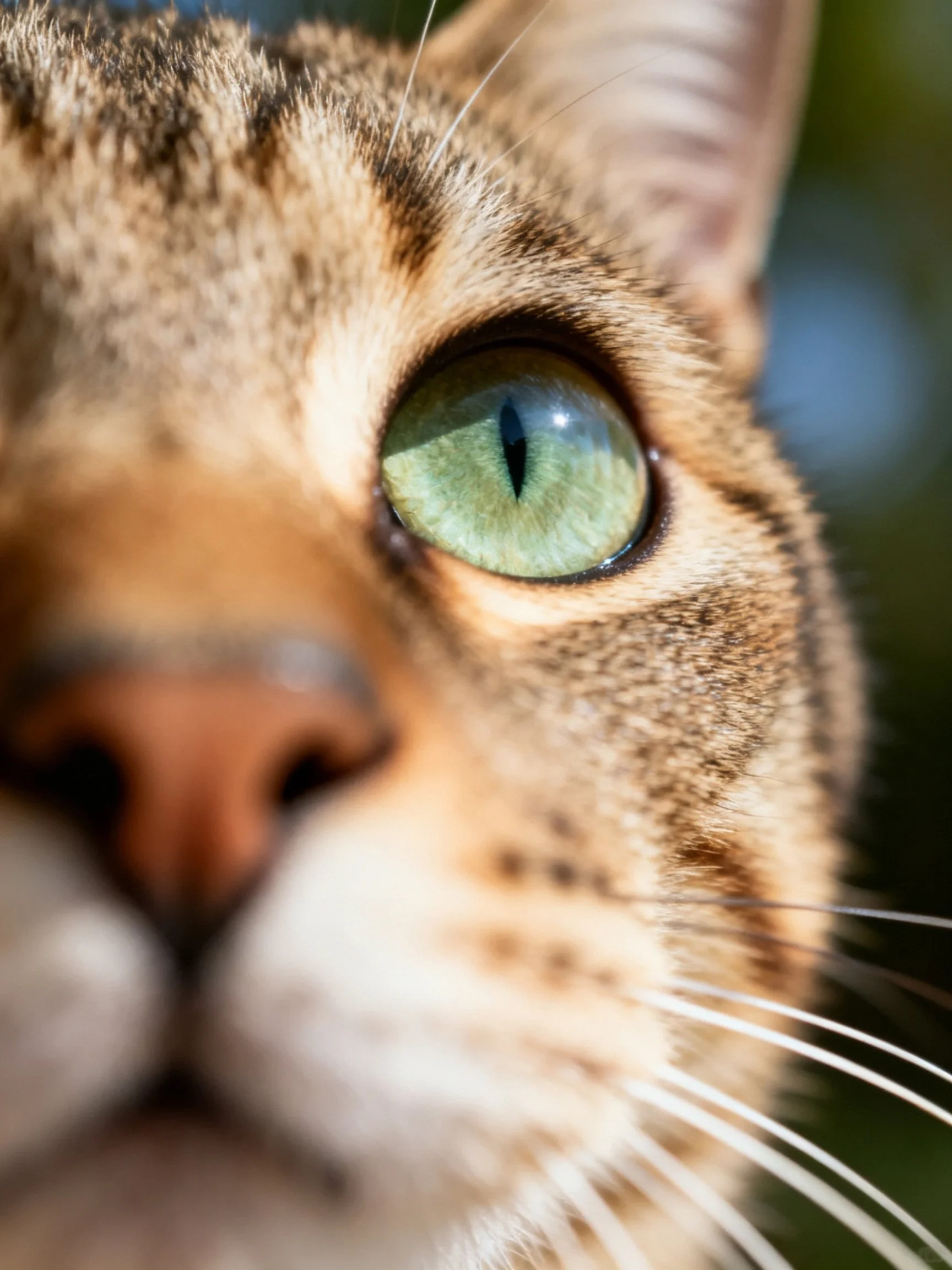 Close - up of a tabby cat’s face with bright green eye