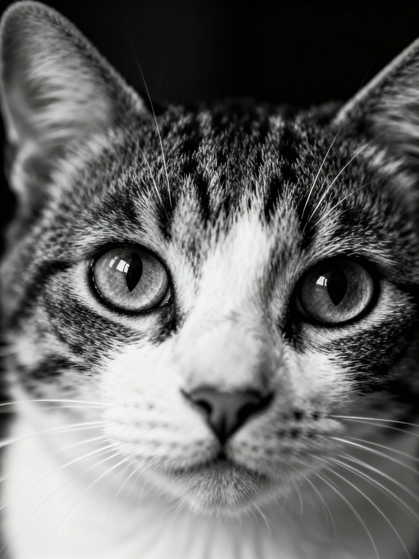 Close-up of a tabby cats face in monochrome