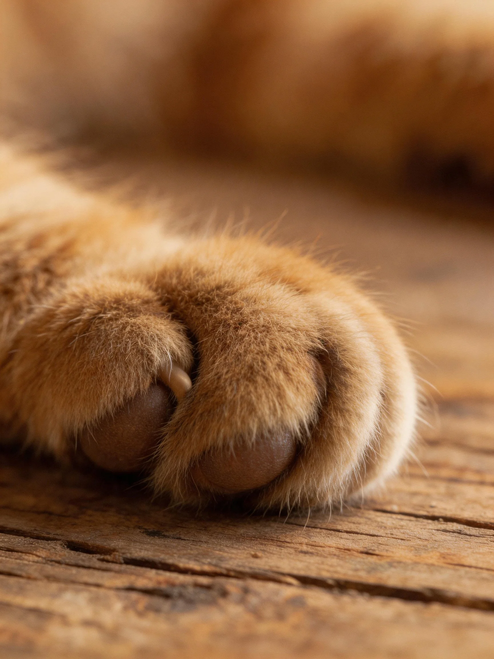 Close - up of a tan cat’s furry paw on a wooden surface