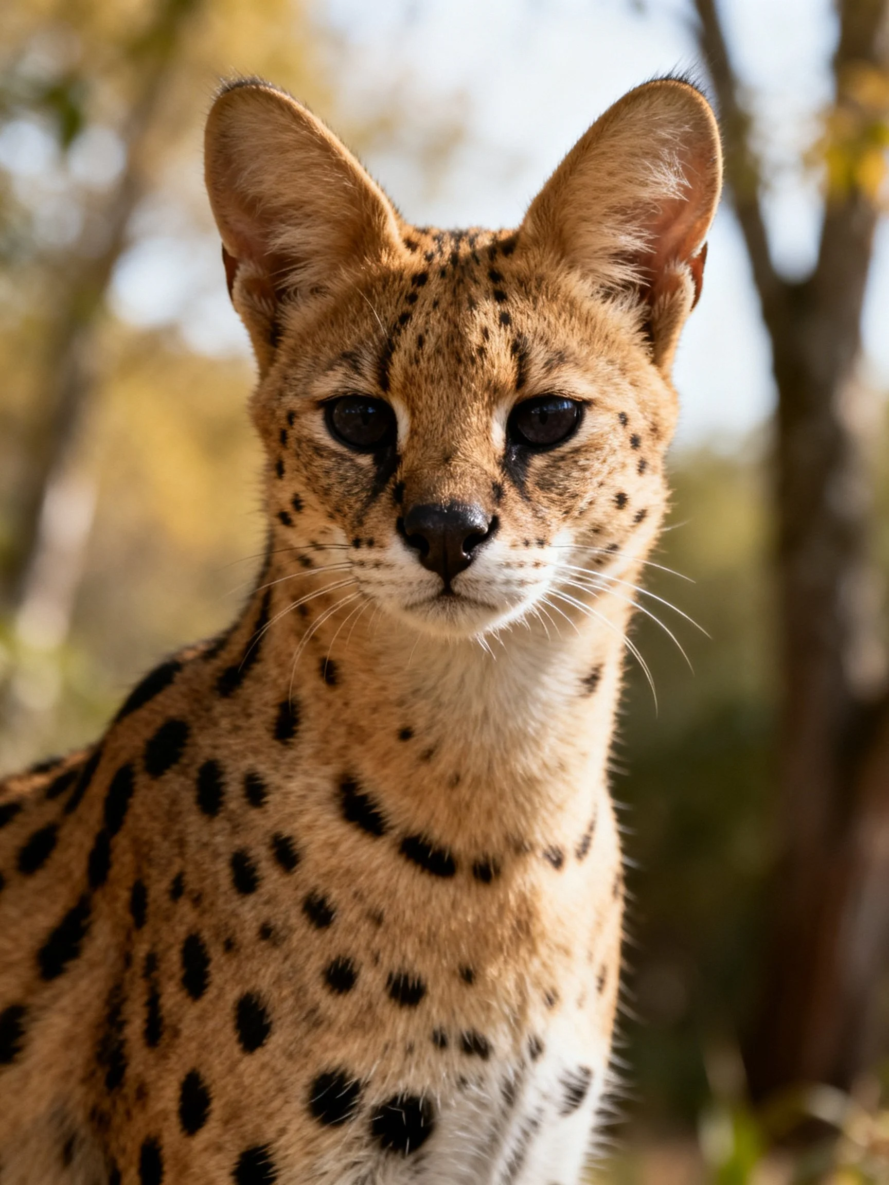 Close-up of a tan-spotted serval in a natural setting