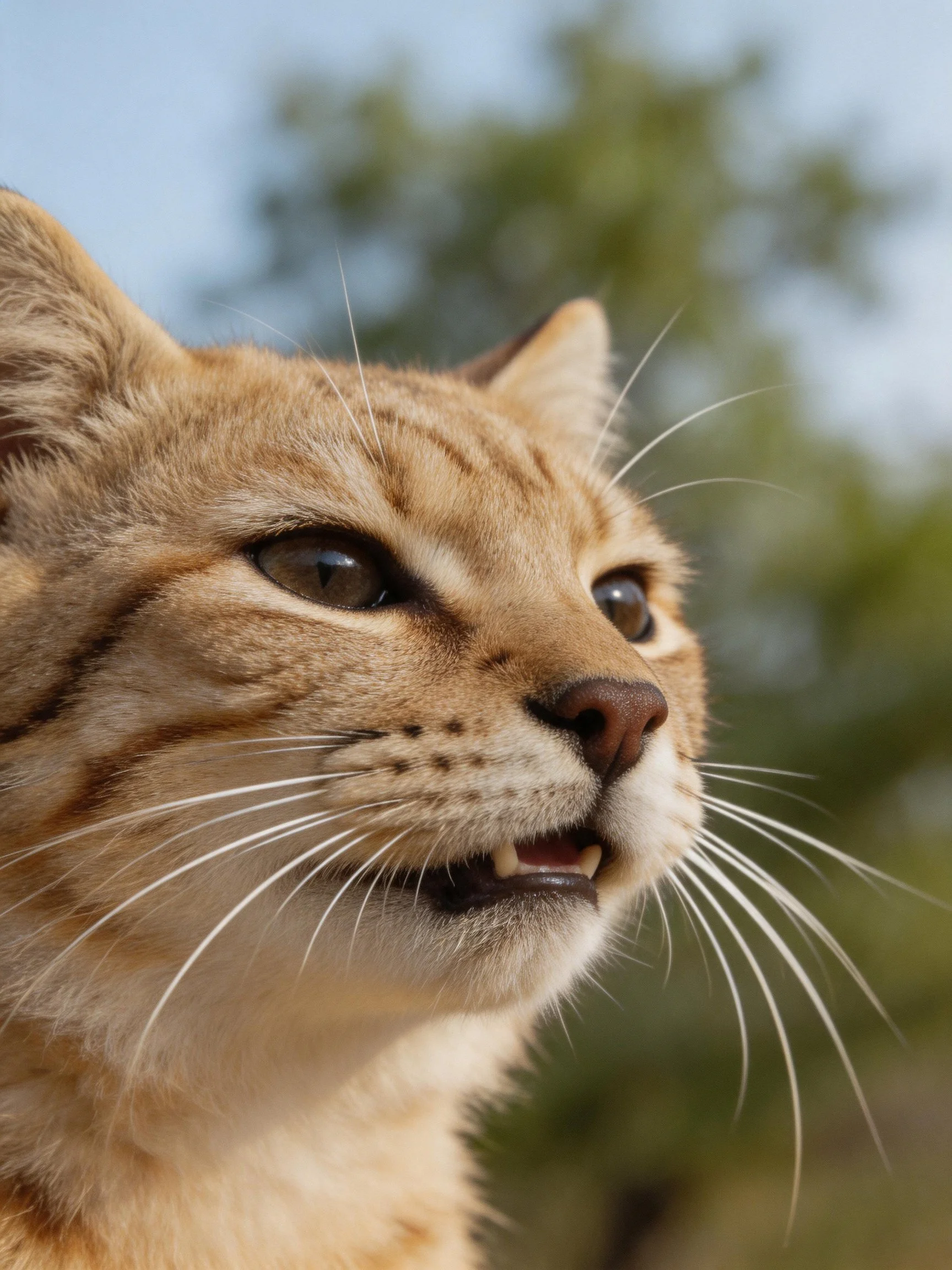 A close-up shows a tan wildcat with distinctive facial markings.