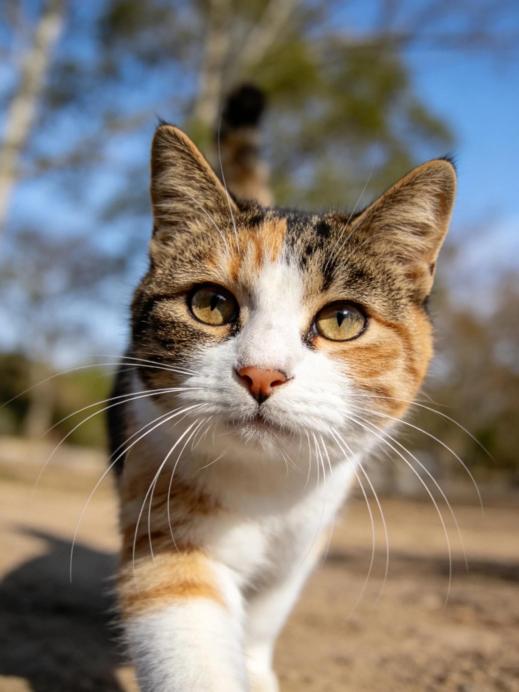 A tri-colored calico cat is shown up close in an outdoor setting.