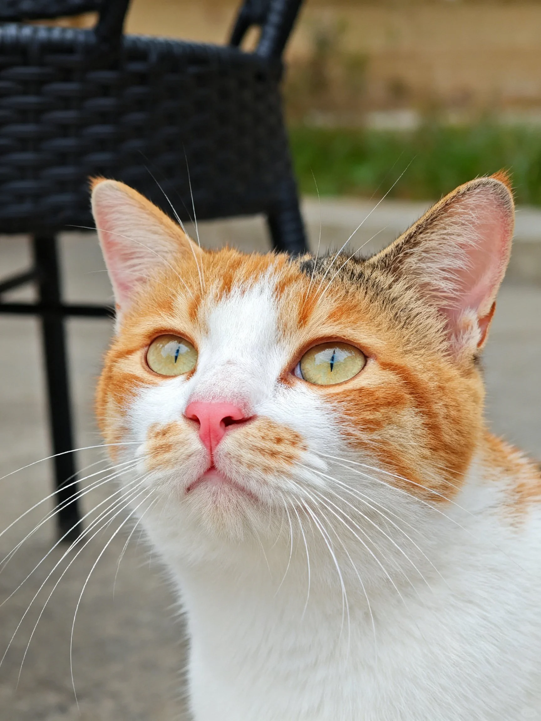 Close - up of a tri - colored cat beside a black wicker chair outdoors