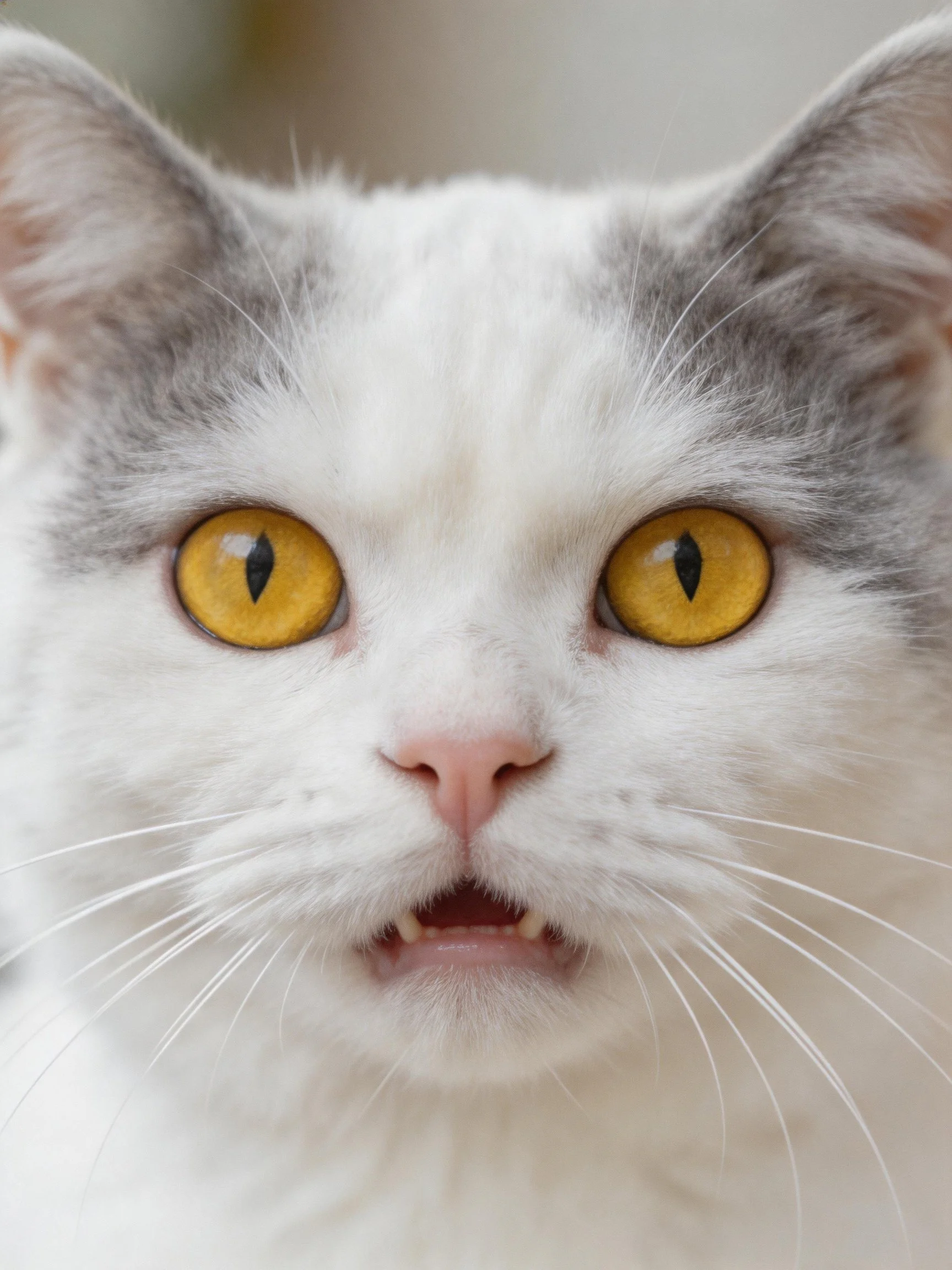 A close-up shows a white and gray cat with vivid yellow eyes.